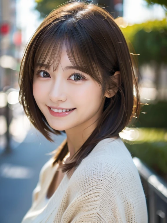 smile、これを見て幸せなsmile、In the city、(Best Quality,8K quality,masterpiece:1.3,),(Super A high resolution:1.3,Photorealistic:1.4,Original photo:1.2),(Super detailed:1.2,Glowing Skin,Detailed skin:1.1),(Detailed face,Perfect Anatomy,Caustics:1.2),,1 girl,cute,Japanese,1,Japaneseイドー,Natural brown hair,Curl short hair outward,Beautiful eyes,Natural Makeup,Bright casual clothes,smile,Looking at the camera,On the face,Face Focus,Professional Writing,Natural soft light,