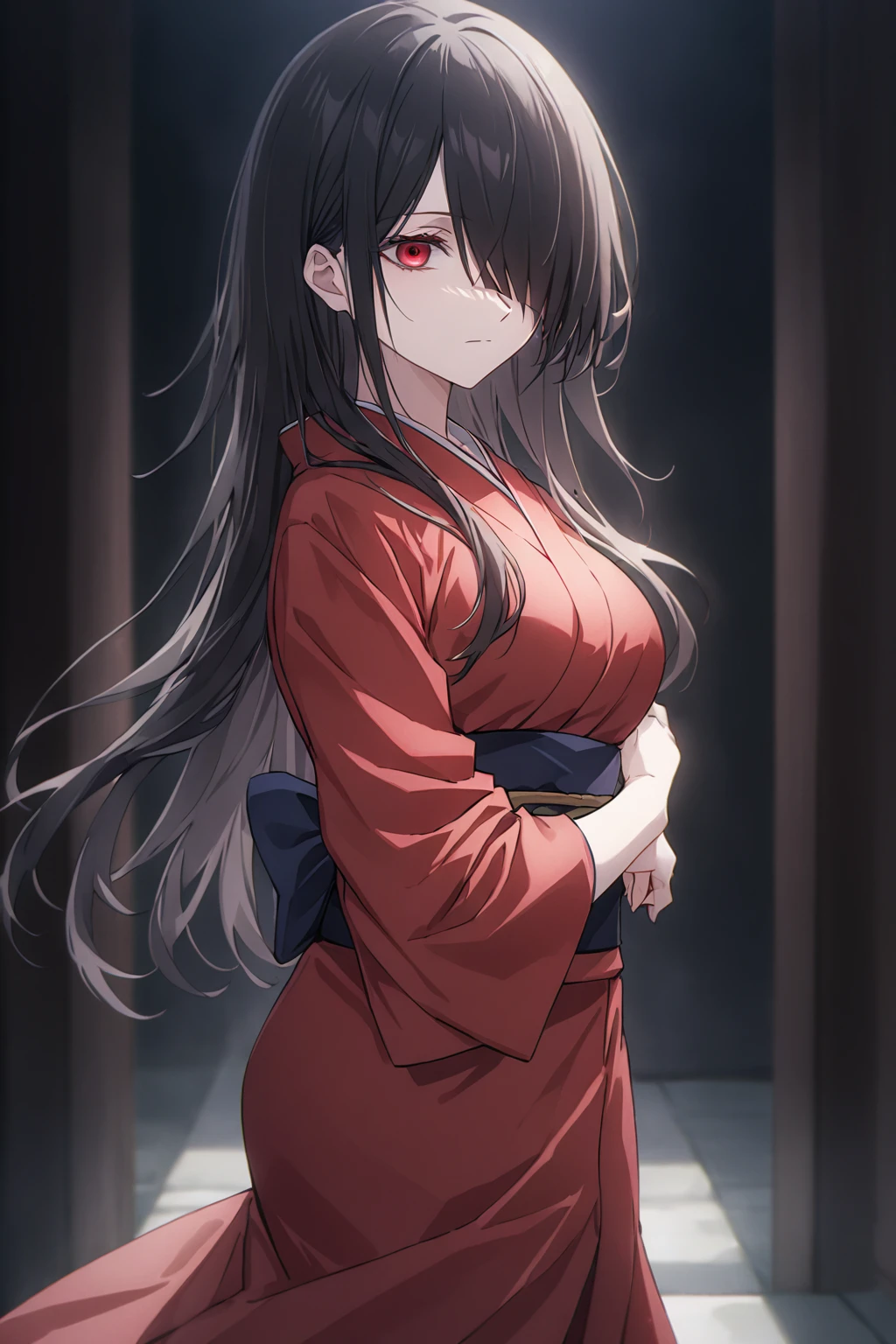 Cowboy Shot, jk3, jujutsu kaisen, 1girl, Solo, Looking at viewer, Shy, Cute, Red Eyes, Empty Eyes, Expressionless Eyes, Black Hair, Very Long Hair, Straight Hair, ((Hair Over One Eye, Swept Bangs:1.5)), Petite, Large breasts, Pale Skinned, Slender, Curvy, ((Red kimono)), Standing, Cinematic Lighting, Masterpiece, 4K, Best Quality, High Resolution, Accurate, Award Winning, (SuperQuality:1.0) ~ (SuperQuality:1.2)