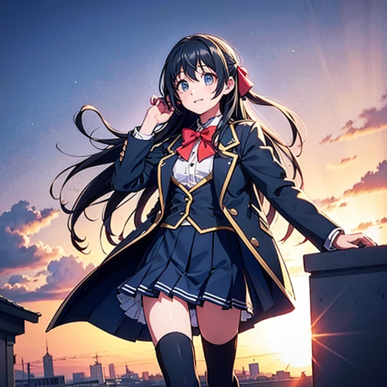 Please fill it up, Long Hair, Black Hair, (Single Blade:1.2), Hair Ribbon, Red jacket, blazer, Blue bow tie, Long sleeve, White Skirt, Black thigh-high socks, sunset, rooftop, Standing