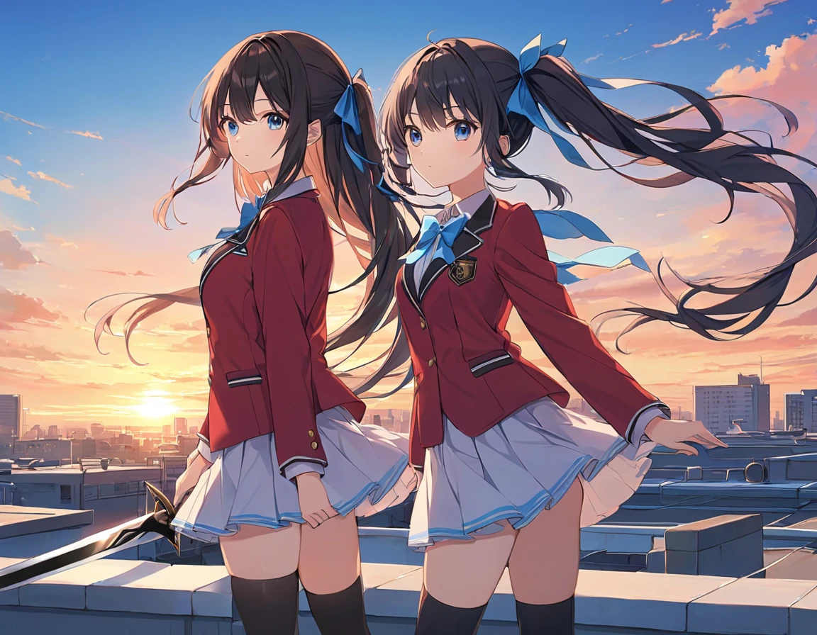 Please fill it up, Long Hair, Black Hair, (Single Blade:1.2), Hair Ribbon, Red jacket, blazer, Blue bow tie, Long sleeve, White Skirt, Black thigh-high socks, sunset, rooftop, Standing