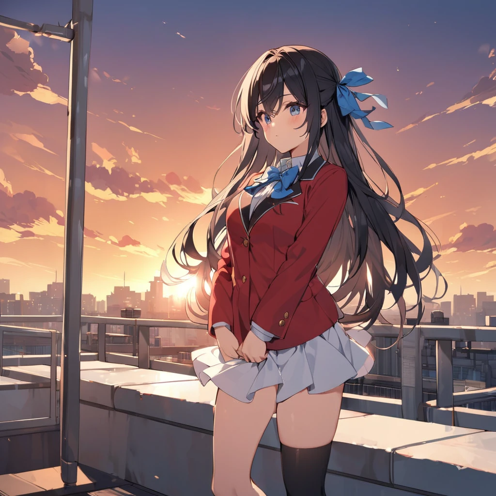 Please fill it up, Long Hair, Black Hair, (Single Blade:1.2), Hair Ribbon, Red jacket, blazer, Blue bow tie, Long sleeve, White Skirt, Black thigh-high socks, sunset, rooftop, Standing