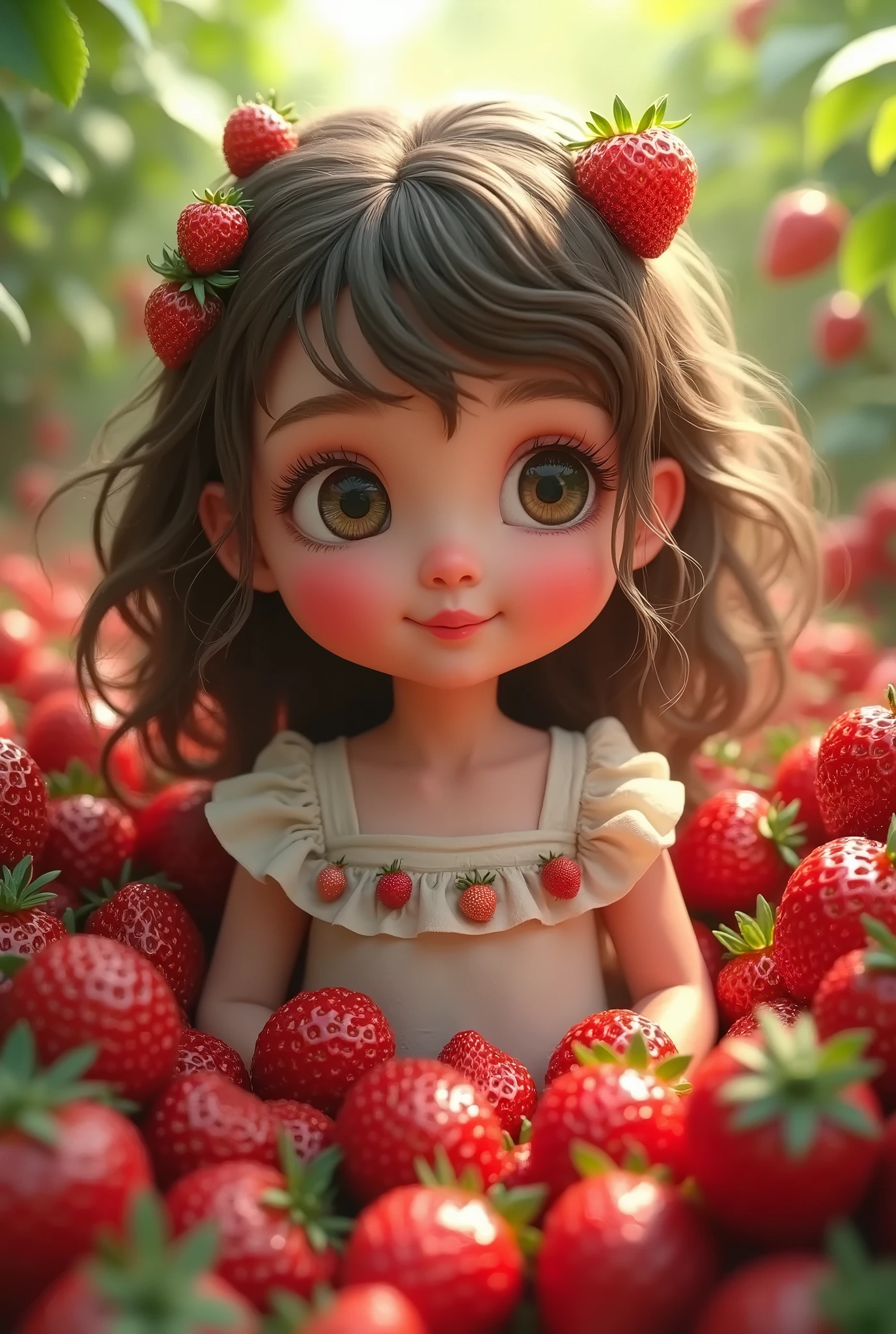 Half skull head with strawberry in the eyes