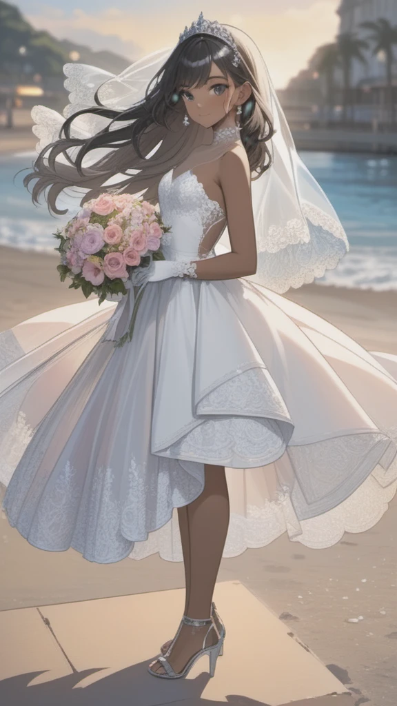 Two Brides:
first woman with a strapless wedding dress, lace top, with trans flag colors(blue, white, pink), black eyes,(((brown skin))), transparent wedding veil, wearing white finger gloves, purple tiara, long wavy black hair, wearing silver high heels sandals;
second woman with a sleeveless wedding dress, lace skirt, brown eyes,(((brown skin))), transparent wedding veil, wearing white gloves, pink bow, curly black hair, wearing silver high heels sandals;
Standing on church face to face, both holding a bouquet, with cute smile, posing, face blushing, beach background, high quality, masterpiece, anatomically correct, detailed background, better quality, original work, focus on details, people's around, front view, earrings, wind blowing, cute makeup, one hand in hair, full body view, posing with her wife.