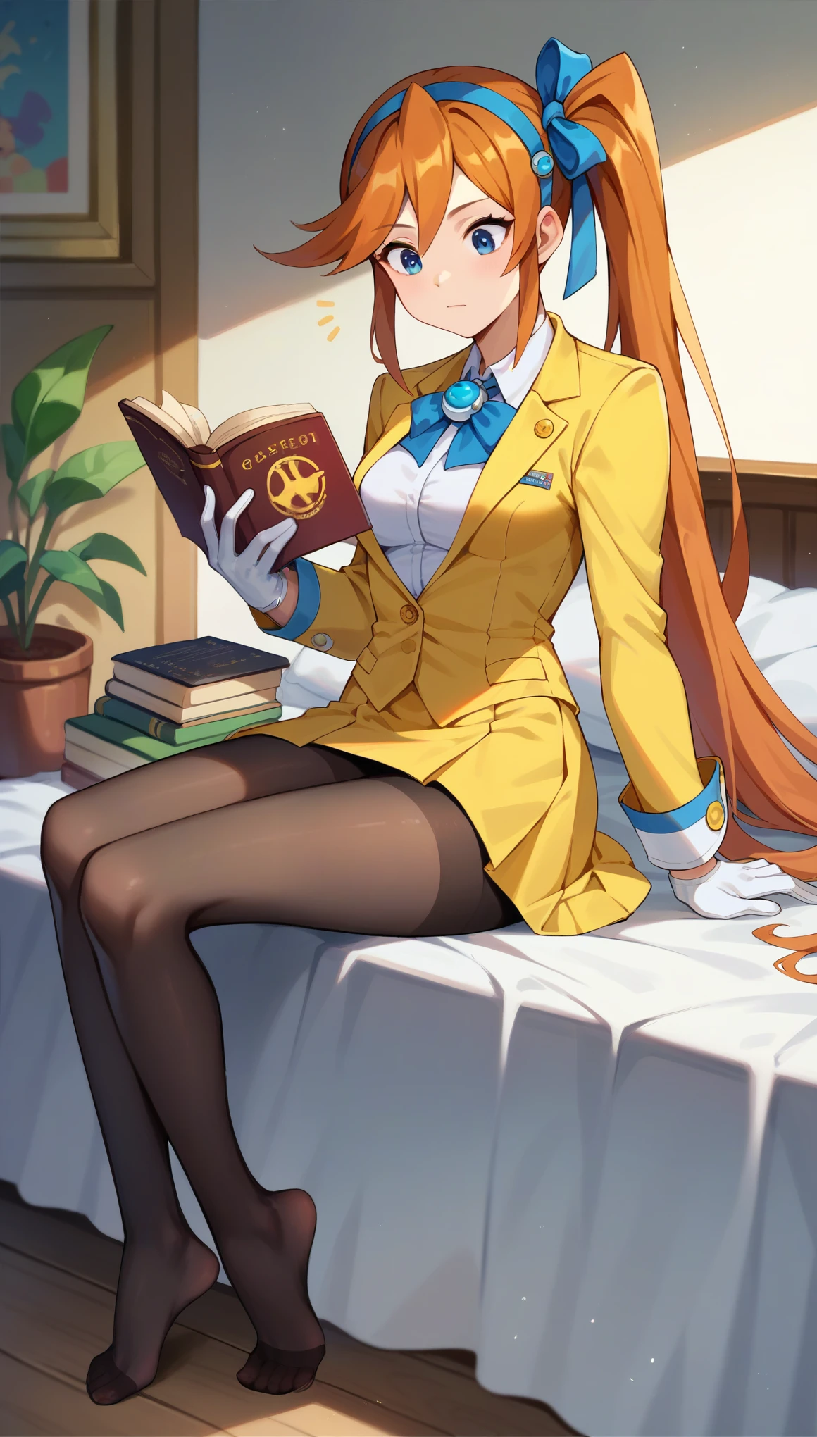 Athena Cykes, long side ponytail, teen, young, detailled face, perky breasts, bedroom, yellow and white costume, yellow shoprt skirt, black pantyhose, gloves, sitting on bed, no shoes, reading a book, focused look,