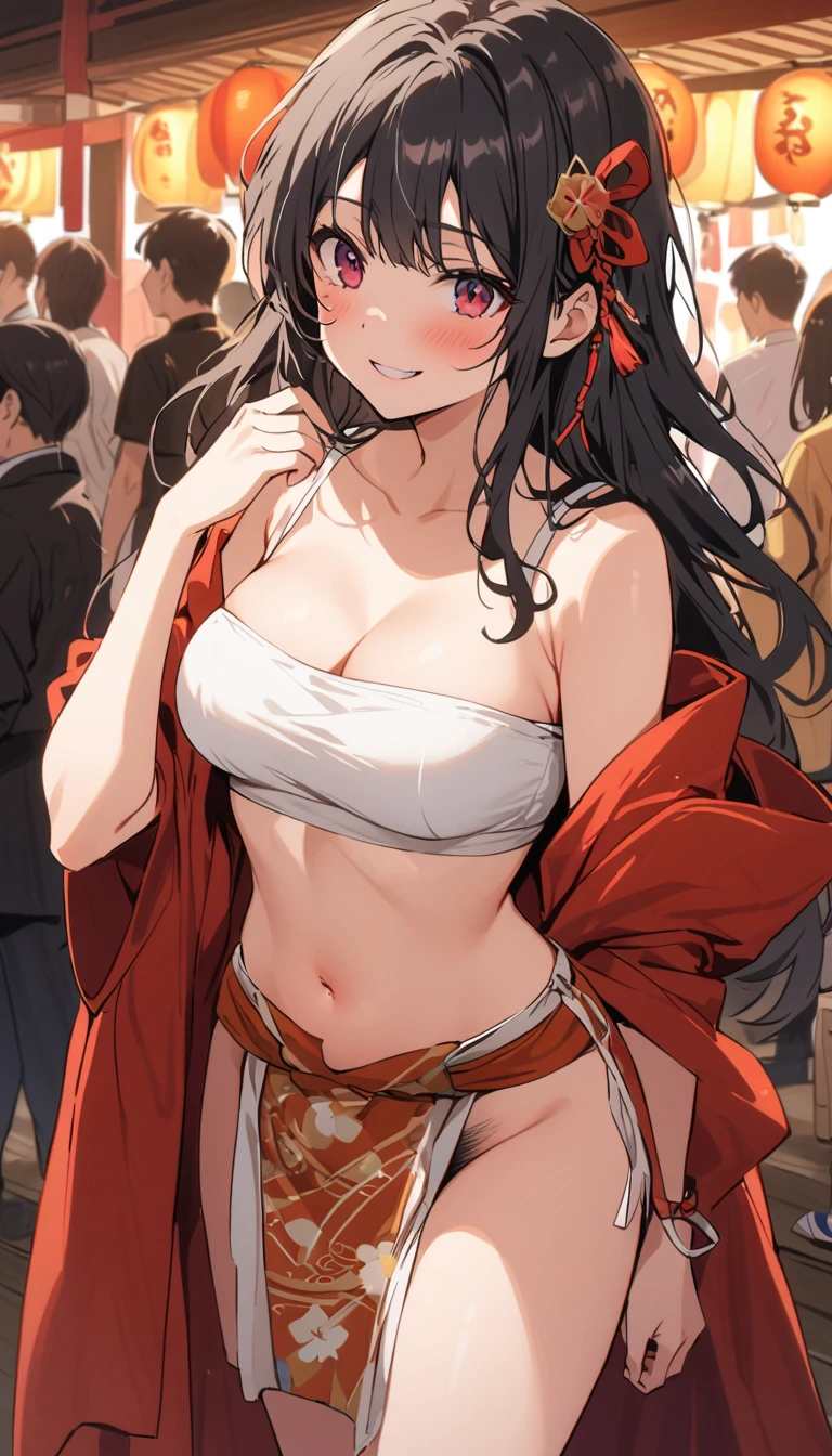 Beauty　Black Hair　smile　Embarrassed　blush　headband　tits　Dharma　White tube top bra　White short loincloth　belly button　pubic hair　geta　Photograph the whole body　Japanese Festivals　fair