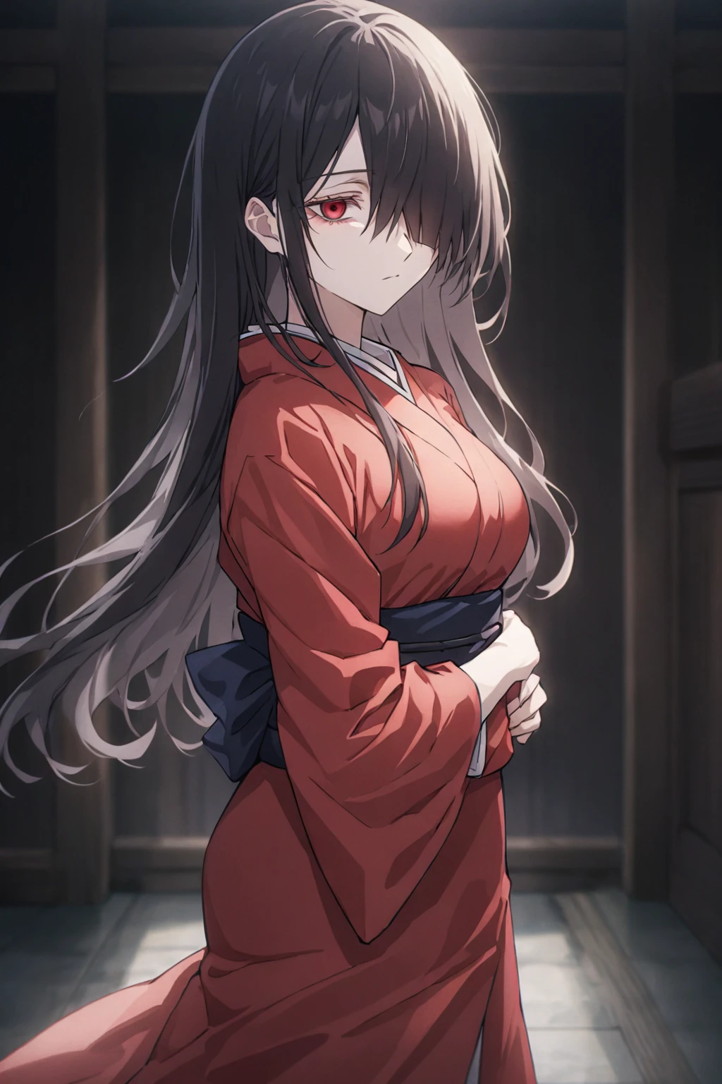 Cowboy Shot, jk3, jujutsu kaisen, 1girl, Solo, Looking at viewer, Shy, Cute, Red Eyes, Empty Eyes, Expressionless Eyes, Black Hair, Very Long Hair, Straight Hair, ((Hair Over One Eye, Swept Bangs:1.5)), Petite, Large breasts, Pale Skinned, Slender, Curvy, ((Red kimono)), Standing, Cinematic Lighting, Masterpiece, 4K, Best Quality, High Resolution, Accurate, Award Winning, (SuperQuality:1.0) ~ (SuperQuality:1.2)