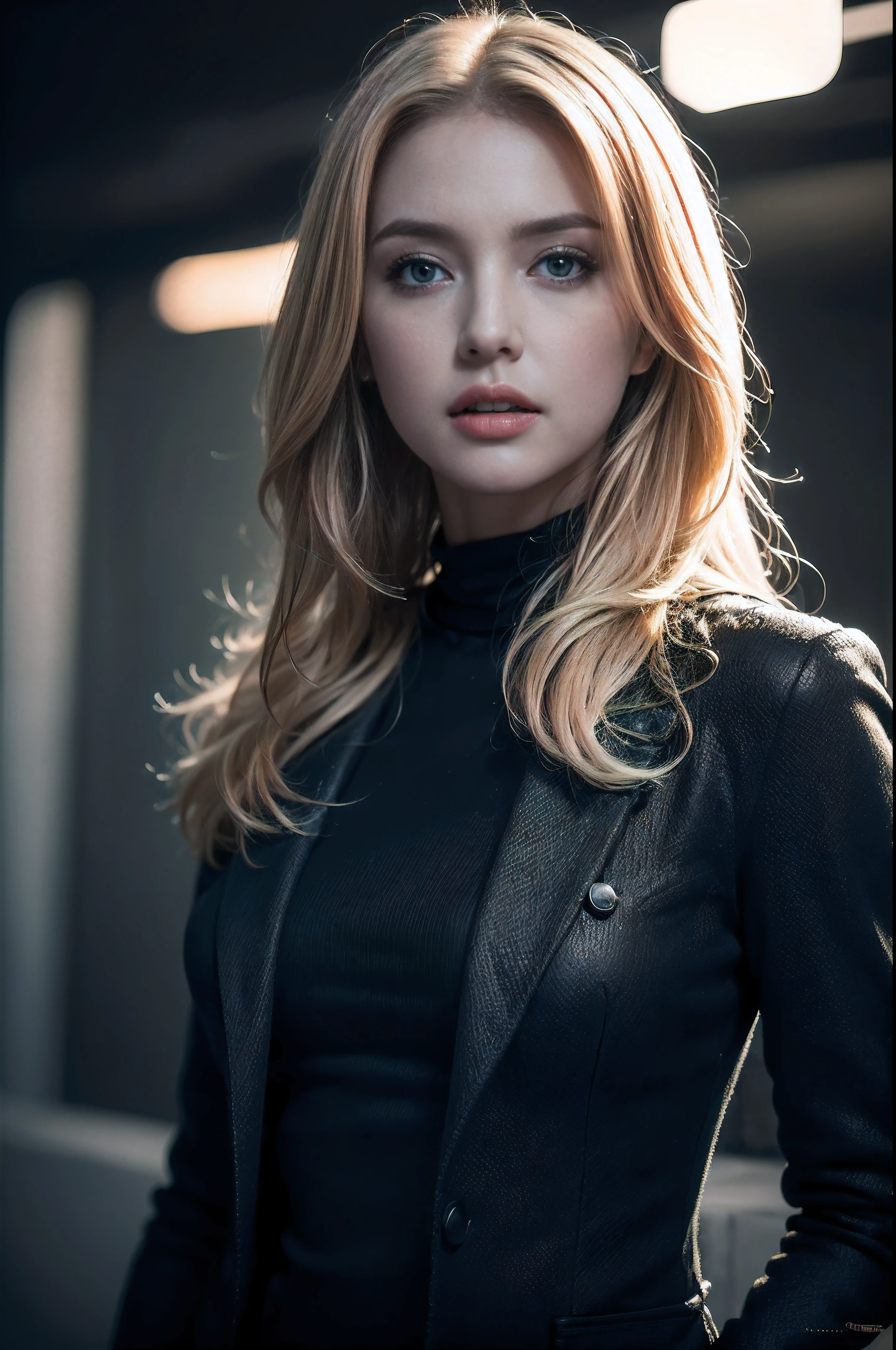 Best quality, masterpiece, Ultra-high resolution, (Reality:1.4), RAW photo, 1 Girl, blond, Blue Eyes, Detailed eyes and face, Black suit, Dynamic Lighting, In the Dark, Deep Shadows, Low profile, Cowboy full body photo shoot