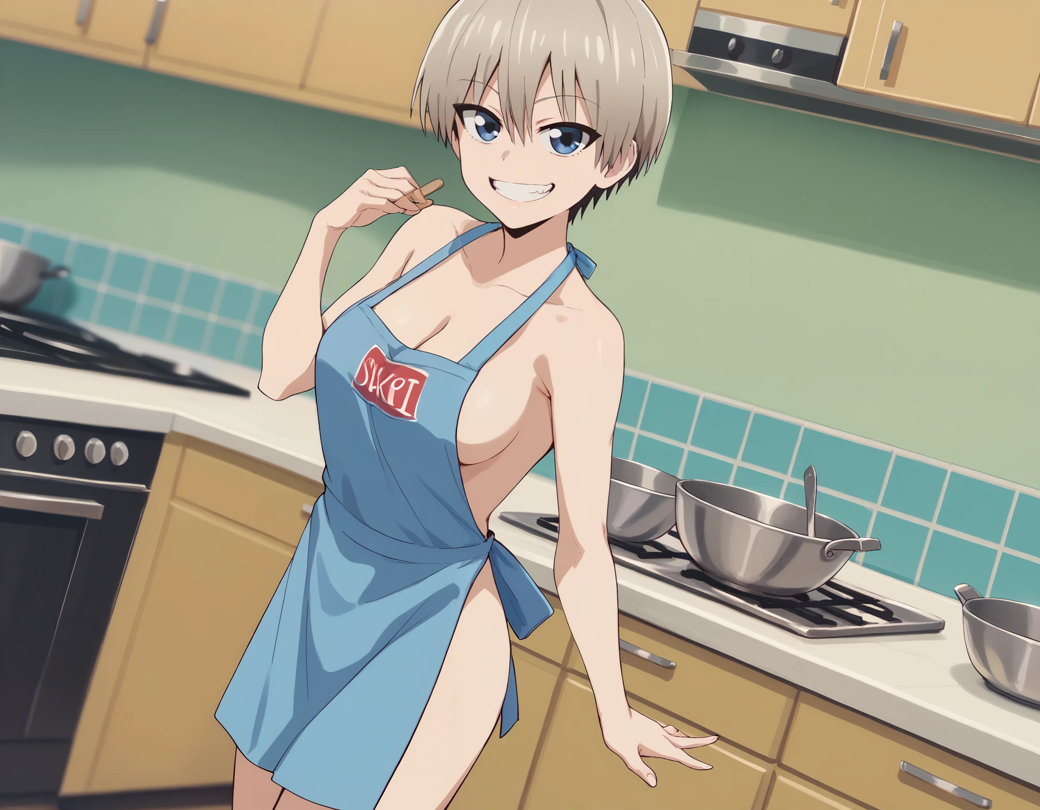 Uzaki Hana, 1girl, solo, viewed from the side, naked apron outit, blue apron, cleavage, standing, seductive pose, looking at viewer, grin, open mouth, kitchen background, dutch angle, full body