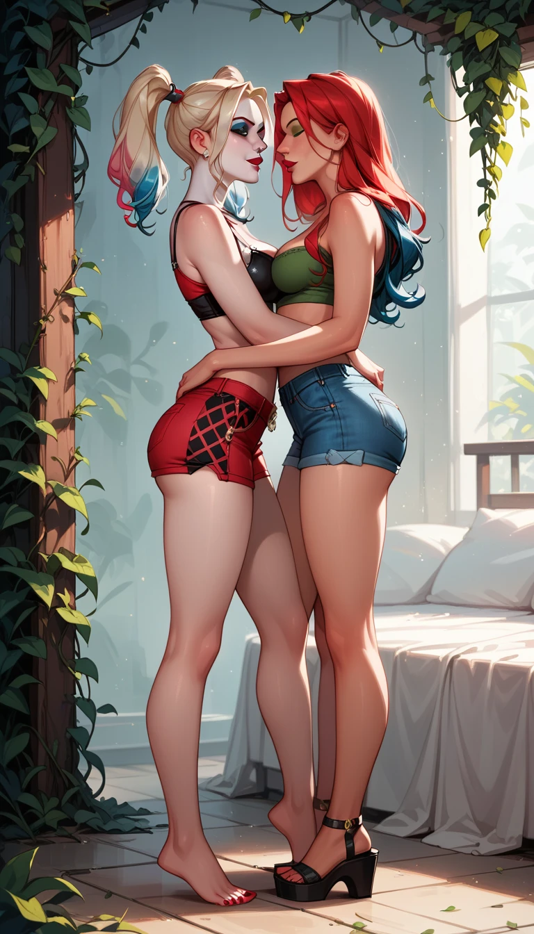 score_9, score_8_up, score_7_up, source_cartoon, 2girls, duo, couple, yuri, (Harley Quinn:1.3) and (Poison Ivy:1.2), wearing sexy daisy duke shorts and crop tops, wedge, flirt, gaze, sexy look, half-closed eyes, filled lips, thick lips, makeup, side view, (in the bedroom:1.4), (full bodies in view), expressiveh d4rk01l, perfect hands, perfect proportions.