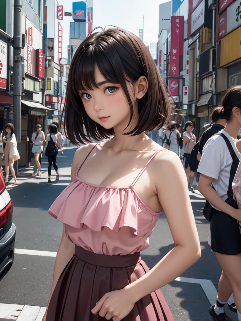 8k, Best Quality, The real picture, Intricate details, Very detailed, Ultra-high resolution, Depth Field, (Realistic,Realistic:1.2), Tabletop, Full Body Shot, ((1 girl)), eye_Chan, so beautiful, innocent big eyes, Beautiful breasts:1.5, 非常に詳細なeye, Highly detailed cute girl, 20 years old, ((camisole)), ((Dark pink micro mini flared skirt)), blush, Parted lips, Watching the audience , Half Body Shot, (On the streets of Tokyo), (Black Hair), (Medium Bob Hair)