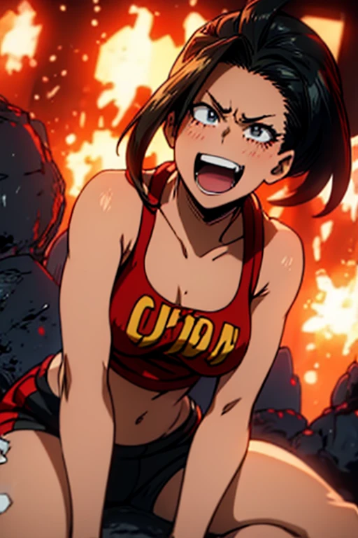 (masterpiece, best quality: 1.2), cowboy shot, solo, 1 , Yaoyorozu momo, black hair, smile, open mouth, looks at the viewer with a mocking face , Sports Tiger T-Shirt, tight short shorts collarbone, décolleté virilha exposta  thighs largas, thighs, Athletic hips, crouching, big breasts, epic perspective, the sweat, erotic, drops of sweat, final, sex, sperm, vapor 