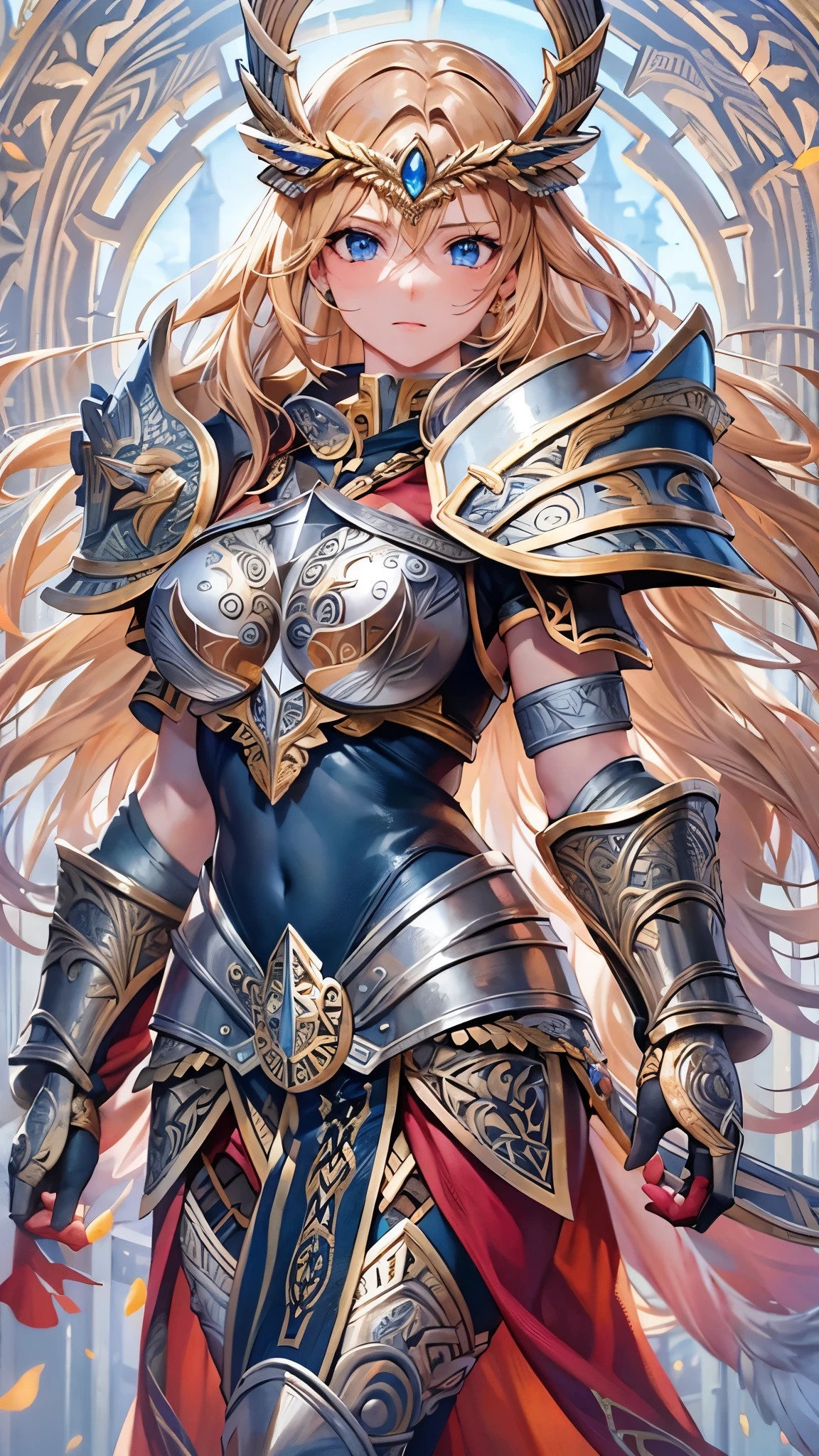 ((Best Quality)),(Ultra-high resolution),(Super detailed),(Detailed Description),((The best CG)),(masterpiece),Highly detailed art,(Art with precise detail:1.5), (Valkyrie:1.5),Legendary Warrior:1.3,Princess,Blonde,Sharp blue eyes,Toned body,Intricate runic patterns,Mysterious,(A breastplate decorated with intricate carvings:1.4),Firm Abdomen,Enchanting,Crimson Cape,Durable shin guards,Thigh-high boots,brave,guardian,perfection,awe-inspiring,Willpower,courage,hero,An epic story,confidence,Dignity,Melodic,