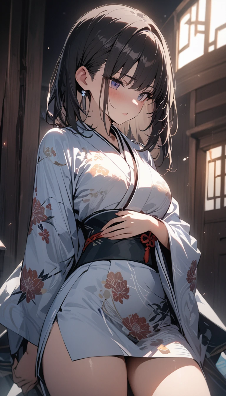 ((masutepiece)), ((Best Quality)), (Ultra-detailed), ((kawaii)), Cute, (lovely), ((Sexy)), (Ero), ((Extremely detailed)), 4K, (8K), Best Quality, (Beautiful), Anime style, Upper body, from below looking up, Colorful, full body focus, Western-style room, Luxury bed, morning, Summer, Pretty women, Solo, Pajama, Beautiful black hair, Beautiful purple eyes, ((Beautiful eyes)), White-skinned, Short hair, Buttocks, large full breasts, Ashamed, blush, Lens Flare, Wind-effect, reflection effect