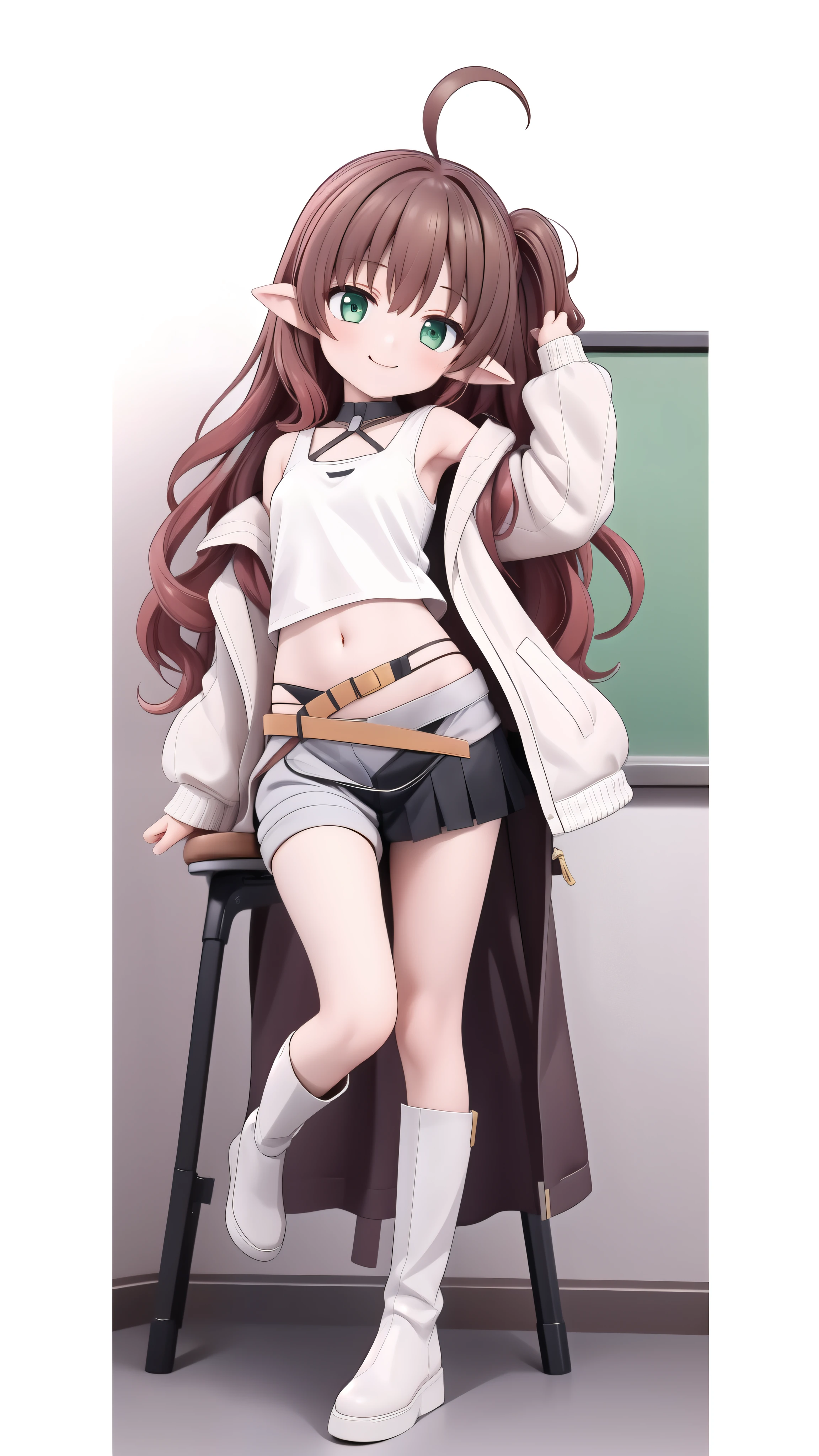 ((masterpiece)),(best quality),official art,extremely detailed CG,unity 8k wallpaper,ultra detailed,1girl,Alone,upper body,(portrait:1.2),long_hair,pointy_ears,ahoge,green_eyes,white_footwear,navel,skirt,shoes,smile,red_hair,midriff,white_jacket,off_shoulder,looking_at_viewer,long_sleeves,tank_top,grey_socks,brown_hair,sleeves_past_wrists,open_clothes,bangs,shirt,classroom，White sweatshirt，White pantyhose，black leather boots