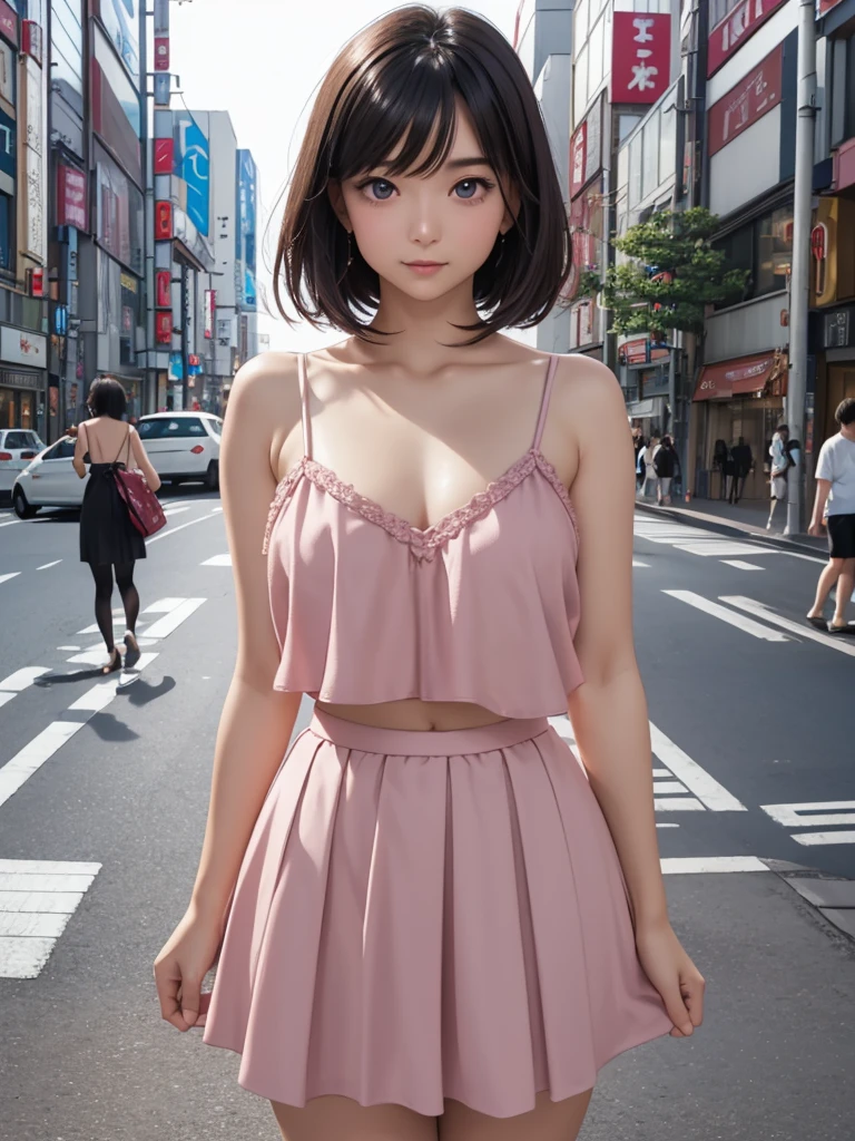 8k, Best Quality, The real picture, Intricate details, Very detailed, Ultra-high resolution, Depth Field, (Realistic,Realistic:1.2), Tabletop, Full Body Shot, ((1 girl)), eye_Chan, so beautiful, innocent big eyes, Beautiful breasts:1.5, 非常に詳細なeye, Highly detailed cute girl, 20 years old, ((camisole)), ((Dark pink micro mini flared skirt)), blush, Parted lips, Watching the audience , Half Body Shot, (On the streets of Tokyo), (Black Hair), (Medium Bob Hair)