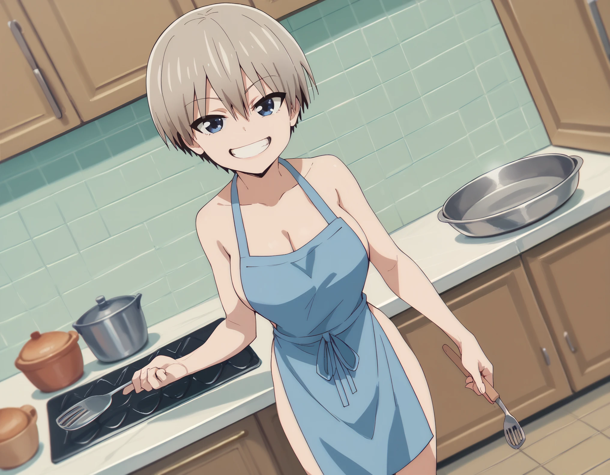 Uzaki Hana, 1girl, solo, viewed from the side, naked apron outit, blue apron, cleavage, standing, seductive pose, looking at viewer, grin, open mouth, kitchen background, dutch angle, full body