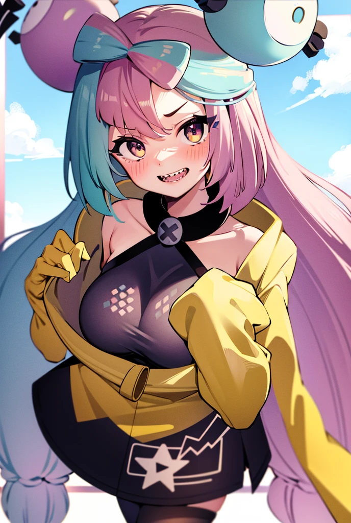 big breasts、Nintendo、Pokemon、Pokemon, (master part), (highest quality), (Super detailed), (1 girl), (fashionable clothes), Are standing, show viewer, (simple background),beautiful and detailed eyes, delicate and beautiful face,(high color saturation), best illumination, best shades,beautiful and detailed eyes, highly detailed face, thick thighs、smile、transparent nipples、Sheer black lingerie、baggy yellow coat、mouth open、Jagged teeth、