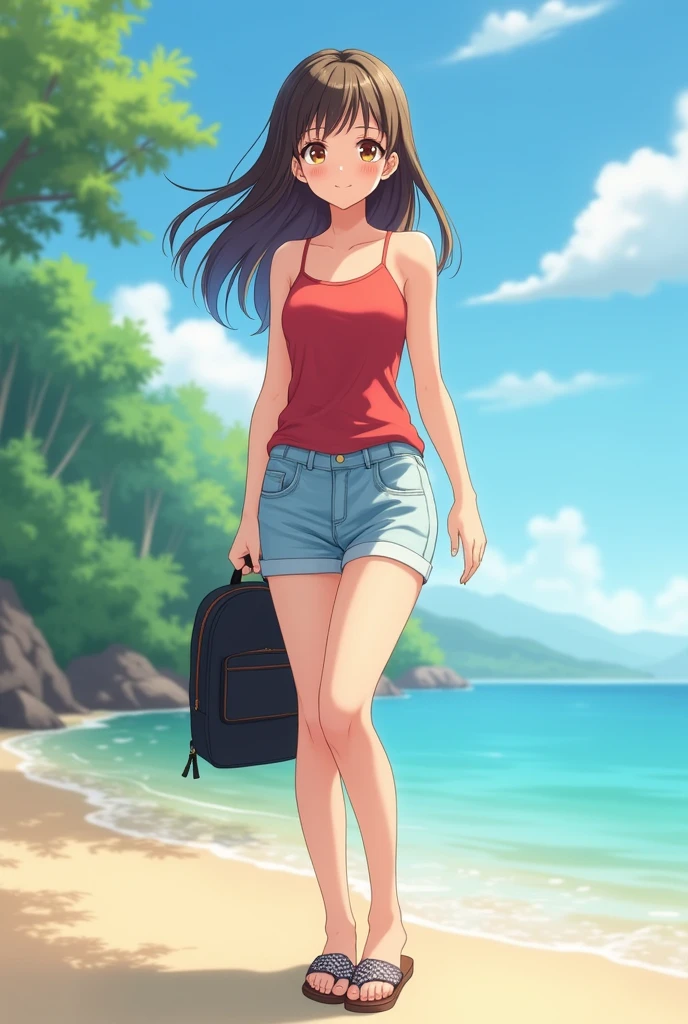 realistic anime illustration of a beautiful young woman on daylight beach, smiling and seeing sunset, she wearing pink one shoulder strap top, denim mini skirt and white sneakers