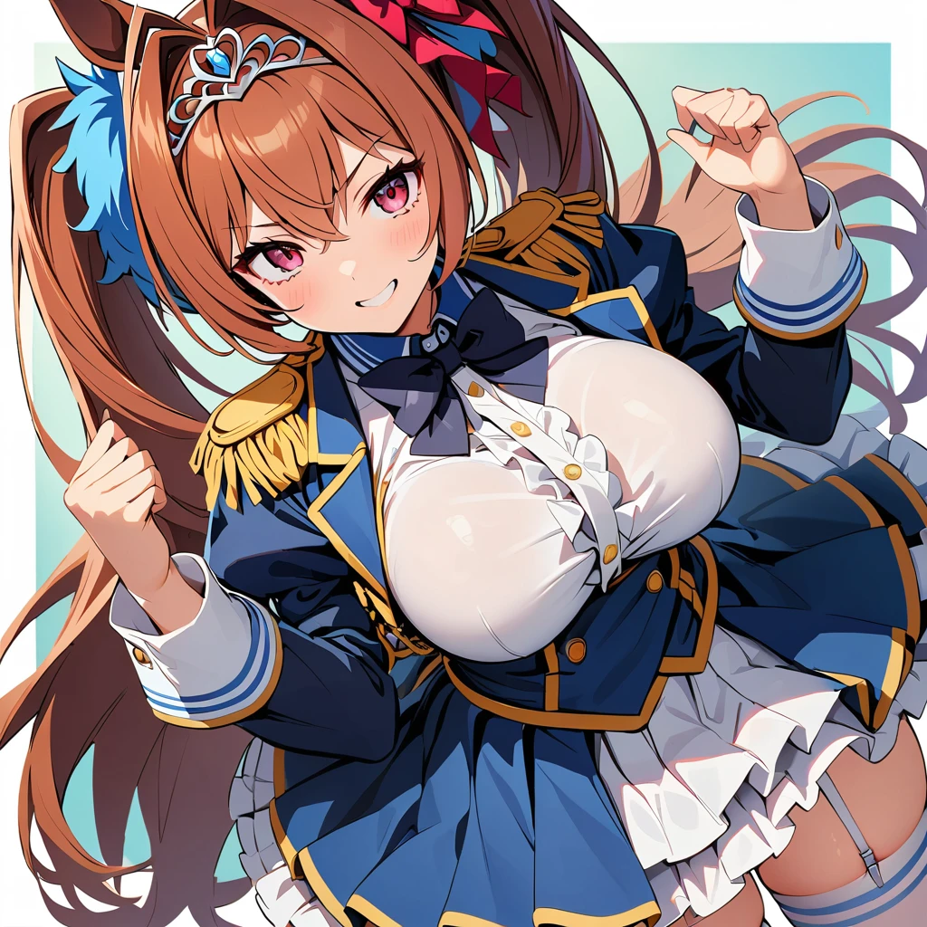 1girl、solo、Daiwa Scarlet(Horse Girl)、horse ear、Twin tails、tiara、Horse tail、Long Hair、Brown Hair、Epaulettes、Garter Straps、Long sleeve、chest、tooth、Red Eyes、A bow tie、bangs、Blue jacket、White thighs、White shirt、White Skirt、Hair ribbon
Big eyes , とても大きなchest, Very big boobs,The biggest boobs ever,Thick arms, Thick thighs, fluffy, Dark blush,shame,Embarrassing,Sweat,Wet,shortness of breath,Licking tongue,,Amazing visuals, High resolution,masterpiece,Highest quality, High resolution,