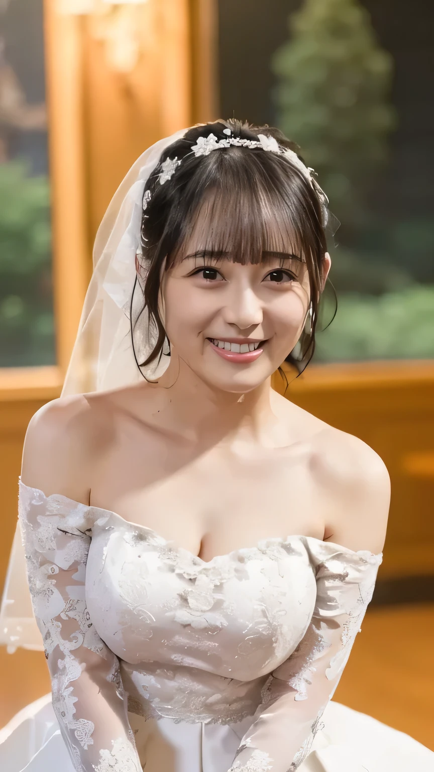 (8k、RAW Photos、Best Quality、masterpiece:1.2)、(Realistic、Realistic)、1 girl、((Off-the-shoulder wedding dresses、Chapel、Short Bob、View from the front、smile、Looking at the camera 、smile、stand))、cute、Large Breasts、Clevis