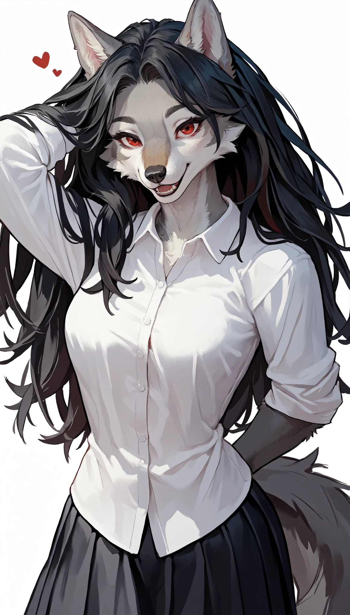 Solo, score_9,score_8_up,score_7_up, a young nerdy Anthro furry wolf woman, wolf snout, black nose, white furry body, white fur, detailed fur, tall, long black hair, straight black hair, white wolf tail, blue eyes, black glasses, white wolf ears, white wolf tail, small breasts, wearing black trendy romper), standing, outdoors at a mall, front view, cutely pouting, hugging herself,