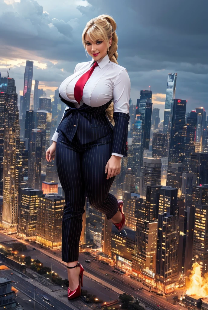 Giantess art, giga giantess in distance, a group of multiple women with beautiful curves, massive thighs, blonde hair in a fishtail braid, lipstick, wearing a perfect form-fitting navy blue pinstriped trouser suit and blazer, crisp white shirt, and a large windsor knot, red tie, with massive breasts. She is wearing black platform high heels and standing on a miniature city, with skyscrapers at her feet, smiling with her huge breasts. This image is highly detailed, photorealistic, best quality, a masterpiece, with cinematic lighting, ultra-detailed, featuring black patent Louboutin pumps, long ponytail hair with front bangs, low altitude photography, a curvy figure, heaving bosom, legs, a mega city, urban skyscrapers sprawl, destruction at feet, fires, arm, buildings, roads, a cloudy, overcast, hazy atmosphere, and wispy clouds. 