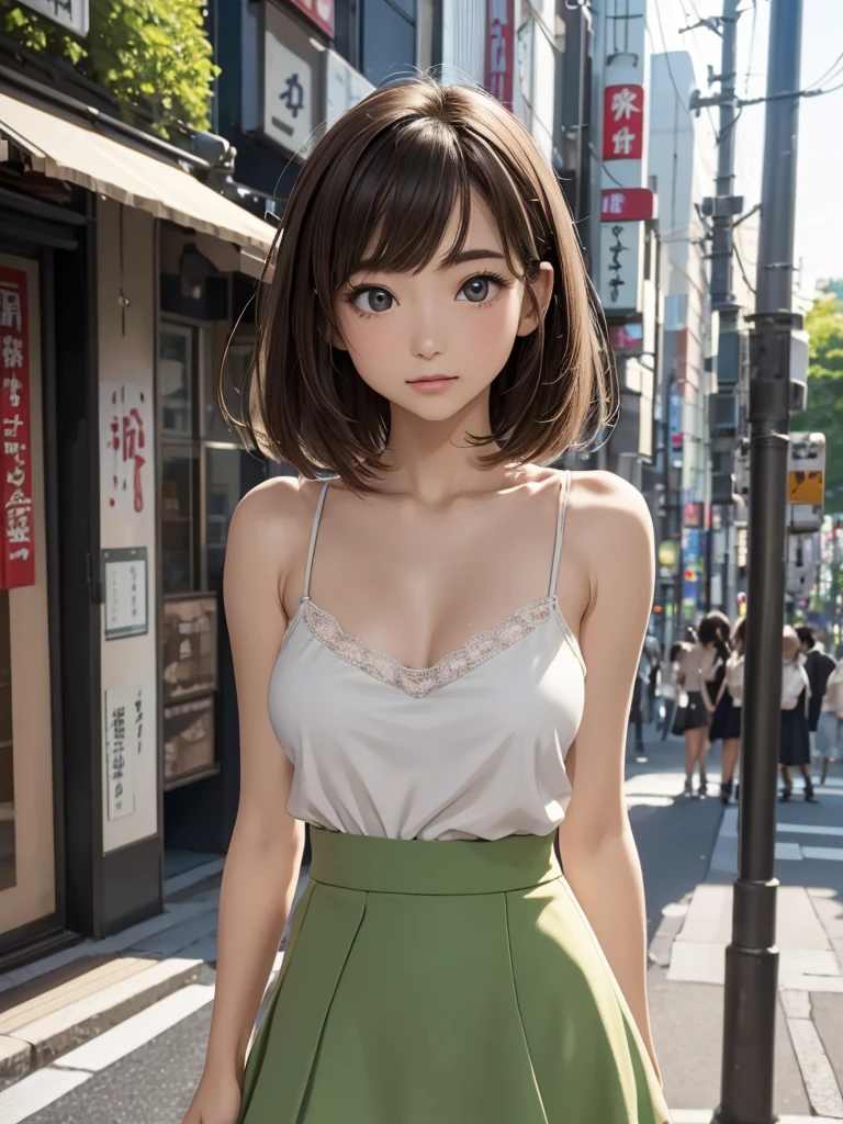 8k, Best Quality, The real picture, Intricate details, Very detailed, Ultra-high resolution, Depth Field, (Realistic,Realistic:1.2), Tabletop, Full Body Shot, ((1 girl)), eye_Chan, so beautiful, innocent big eyes, Beautiful breasts:1.5, 非常に詳細なeye, Highly detailed cute girl, 20 years old, ((camisole)), ((Light green micro mini flared skirt)), blush, Parted lips, Watching the audience , Half Body Shot, (On the streets of Tokyo), (Brown Hair), (Medium Bob Hair)