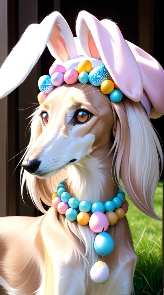 anime style, A strikingly majestic Easter Saluki wearing a bunny ear hat and a fake pastel beads and egg broach, its fur exhibiting a stunning blend of colors, reminiscent of the intricate strokes of a master painter