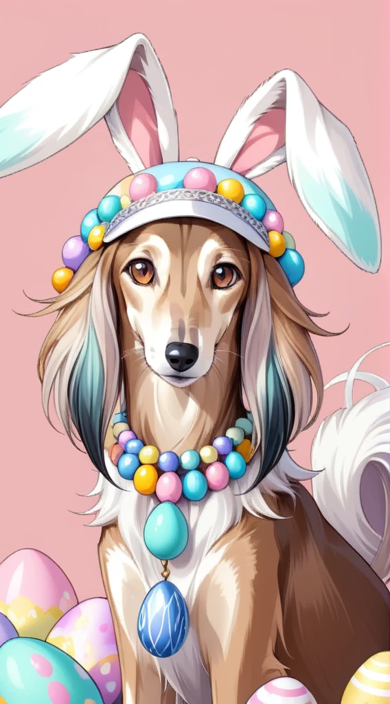 anime style, A strikingly majestic Easter Saluki wearing a bunny ear hat and a fake pastel beads and egg broach, its fur exhibiting a stunning blend of colors, reminiscent of the intricate strokes of a master painter