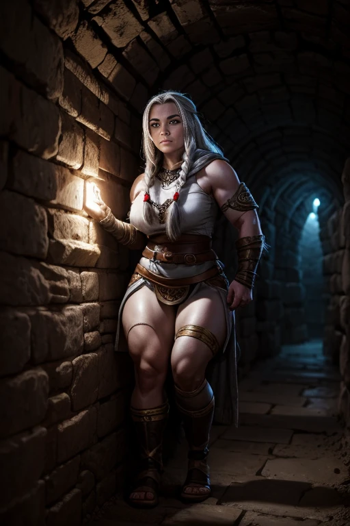 Duergar female dwarven adventurer, (grey skin), white hair, stocky, in a undeground cavern, dramatic lighting,  long braided hair, muscled, fit, leaning against wall, 