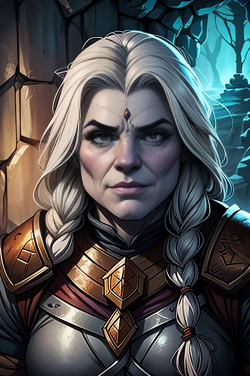 Portrait of a Duergar female dwarven adventurer, (grey skin), white hair, stocky, in a undeground cavern, dramatic lighting,  long braided hair, muscled, fit, leaning against wall, 