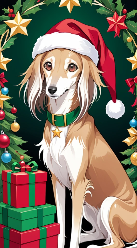 anime style, A strikingly majestic Christmas Saluki wearing a santa hat and a fake wreath and star broach and presents, its fur exhibiting a stunning blend of colors, reminiscent of the intricate strokes of a master painter