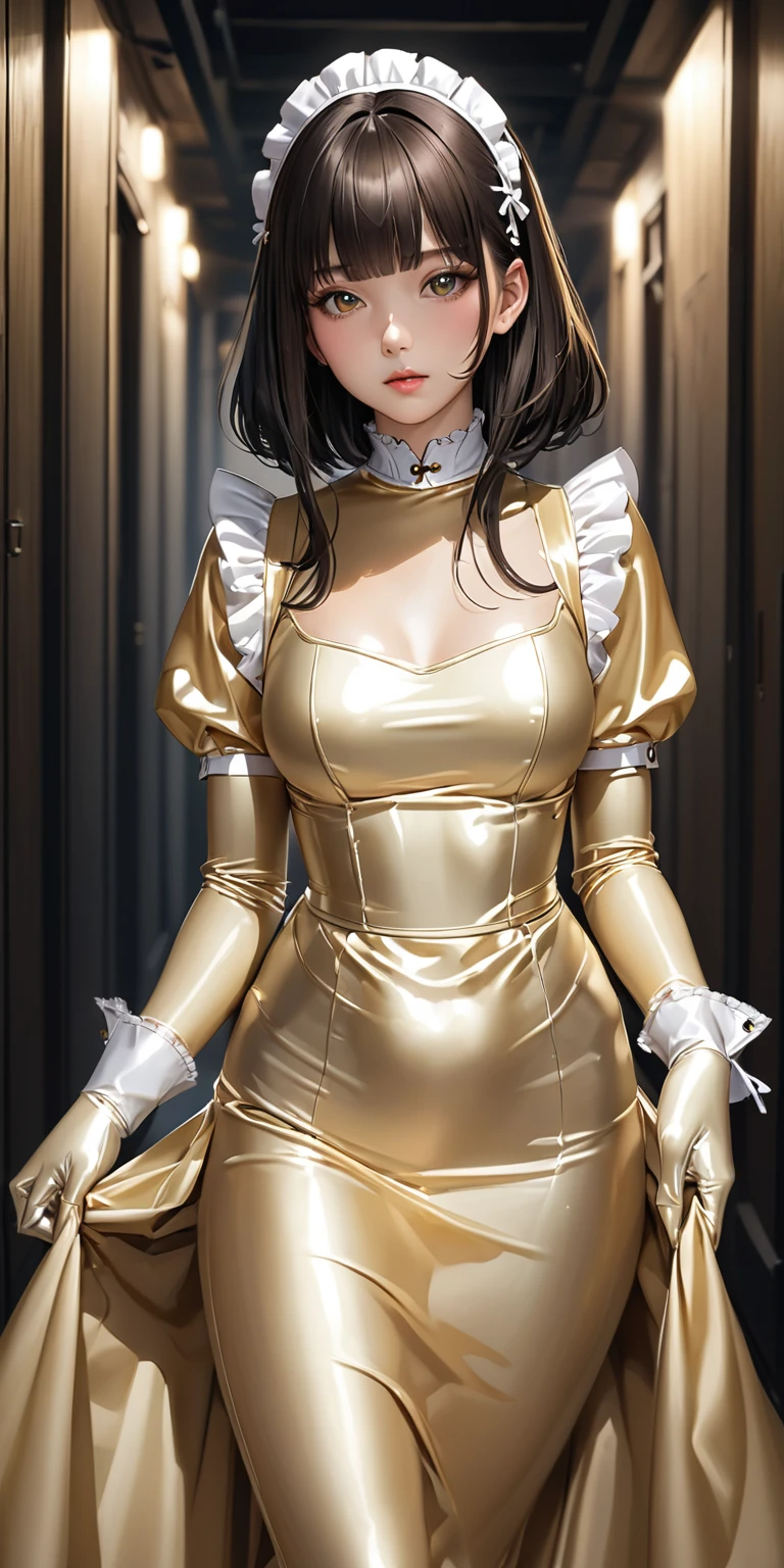 Portraiture、(masterpiece,Highest quality,Ultra-high resolution),Japanese women, (((Very beautiful 25 year old girl))),(Pale gold latex maid dress)、(((Pale gold latex long skirt)))、(A long-sleeved pale gold latex shirt that covers the upper body)、Pale gold latex long gloves、Pale gold latex socks、(Latex bodysuit)、The clothes fit snugly to the body、Latex is very shiny、Standing on the riverbank、