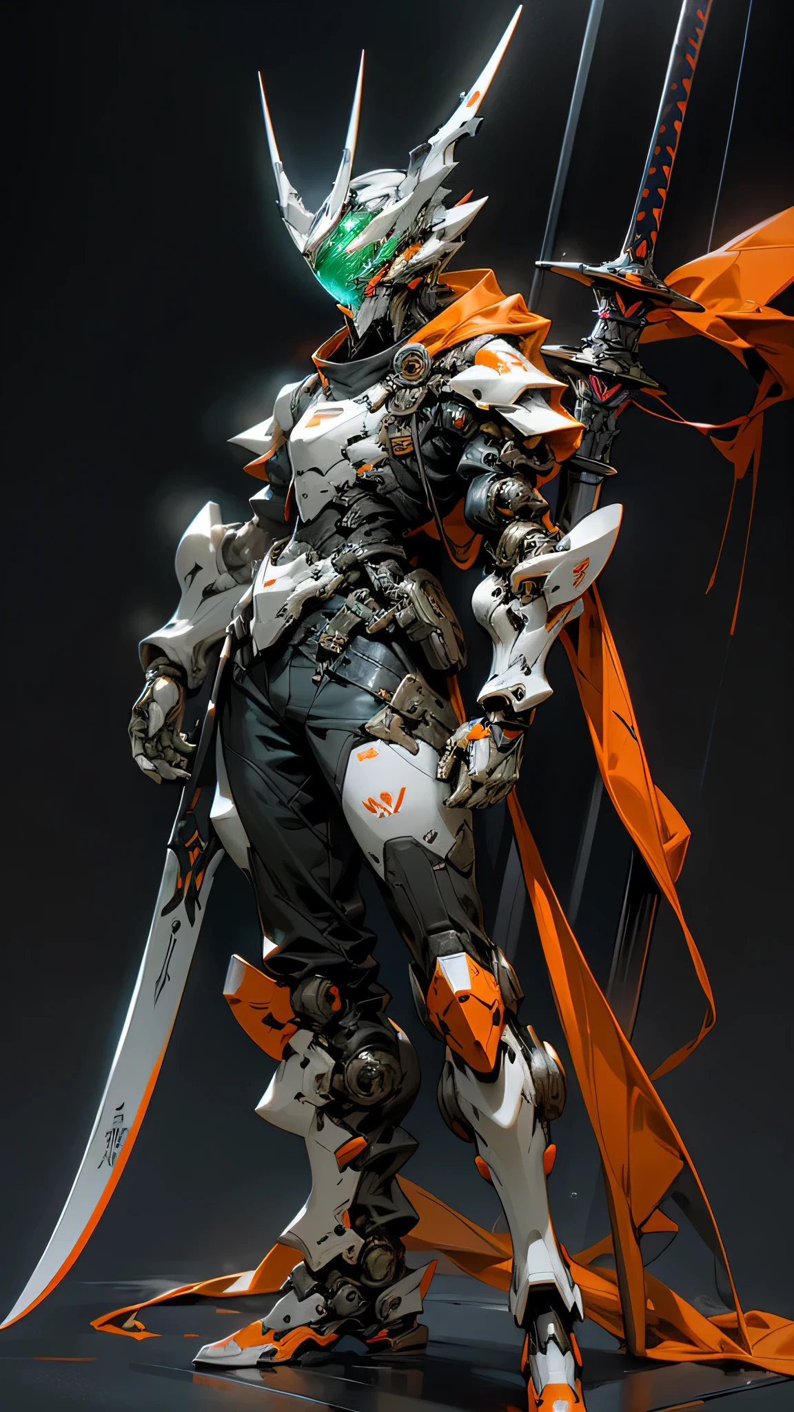 slim mecha armor of warframe, white gray orange with kanji writing on the armor, with blue monoeye visor head and 4 orange dragon horns, mechanical structure in the form of a green fluid tube on the neck and exoskeleton type body, with red and blue accents, with futuristic armor shoes, wearing a black oversized glossy parachute parka with kanji written on it, holding a large greatsword, preparing to fight, dark forest background