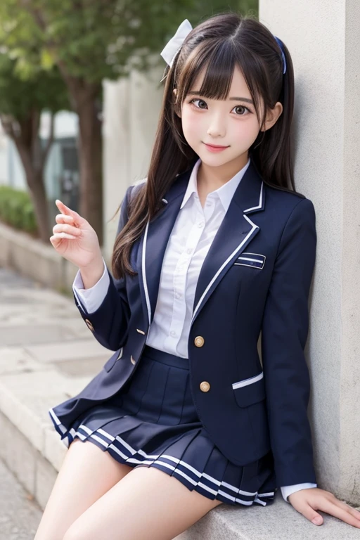 8k, highest quality, real image, intricate details, Super detailed, ultra high resolution, depth field,(realistic,realistic:1.2), (closed my eyes:1.2), 1 Japanese girl, very beautiful 17 year old girl, Big eyes, beautiful breasts:1.5、highly detailed eyes:1.2), (beautiful breasts:1.1), (small breasts:1.3), wavy hair、curly hair、bangs, perfect skin, Fair skin, huge hips, thick thighs, thick legs, tight waist, light blush, alone, (tears flow:1.2), (Are crying:1.3), (School_uniform),(dark blue blazer), (white shirt、wear a tie), (gray pleated skirt), (sculpture installation :1.1), break (Hands on her chest)