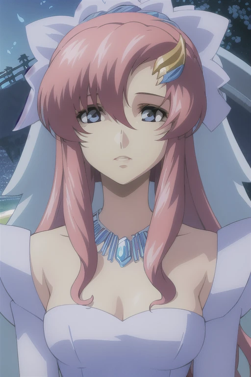 sephie, anime art style, 1girl, solo, long_hair, breasts, smile, large_breasts, dress, cleavage, bare_shoulders, collarbone, upper_body, pink_hair, choker, pink_eyes, circlet