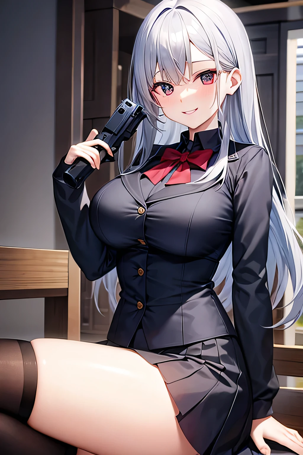 masterpiece, Superior Quality, High resolution, masterpiece, One adult woman, Wicked Smile, Wicked Smile, Evil plan, Brown fur, Black and white outfit , Long Hair, Get the Eyes, mini skirt, Rooms in the house, Holding the key in hand、(((steam,sweat))),Vulgarity、White hair、Dark tanned skin:1.3, Narrow, sharp eyes、Sparkling blue eyes、
