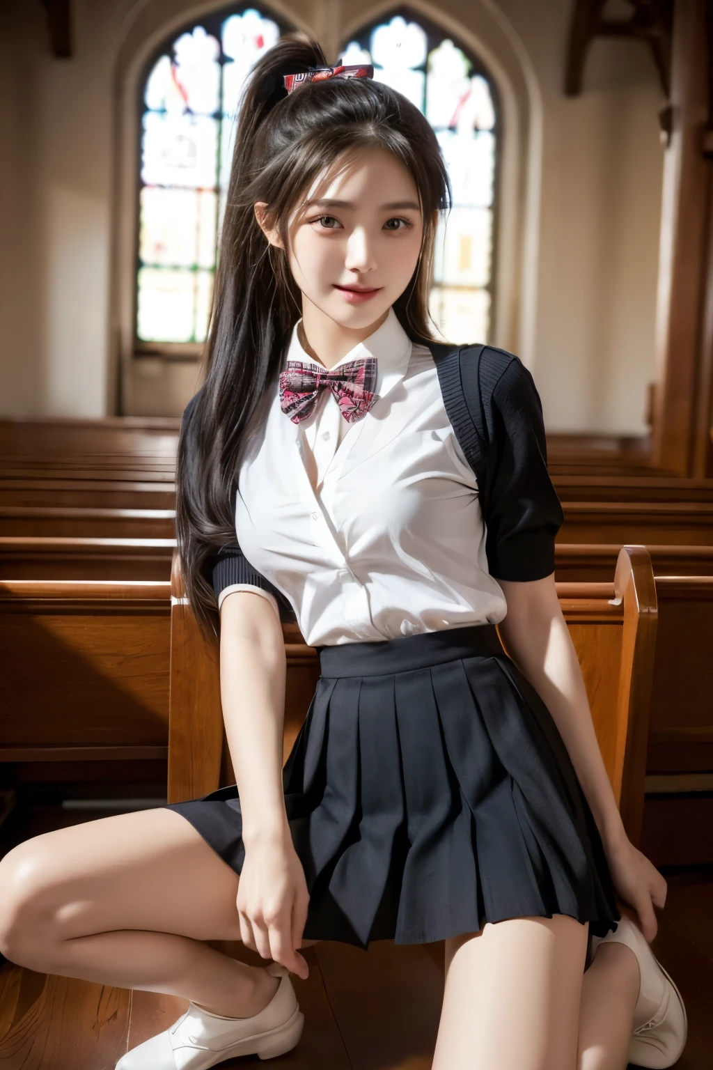 Korean school uniform, summer school uniform shirt, ribbon tie, skirt, school classroom, school stairs, chest thrusting pose, 8K RAW photo, high resolution, cool Korean at , very big round breasts, beautiful eyes in detail, long eyelashes, beautiful double eyelids, eyeshadow, eyeliner, slender eyes, elongated eye shape, sanpaku eyes, evil smile, evil look, beautiful and very thin legs, beautiful and very thin thighs, random short hair, hair tied behind the head, earrings, bright blonde,