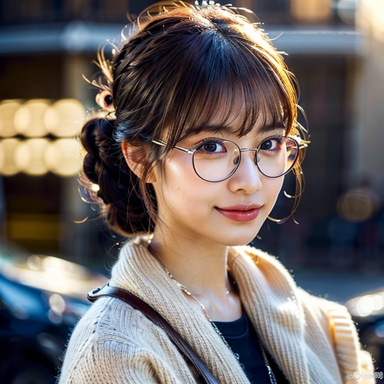 Woman posing on street corner in white t-shirt, top quality, one girl, woman wearing glasses, thin frame round glasses, light colored glasses frame, bright, blurred background, bokeh, outdoor, (street: 0.8), (people, crowd: 1), sleeveless dress, white clothes, gorgeous (high ponytail, forehead: 1.2), beautiful sky in detail, earrings, ( Dynamic Pose: 1.2), (Upper Body: 0.8), Soft Lighting, Wind, Glossy Skin, Smile,