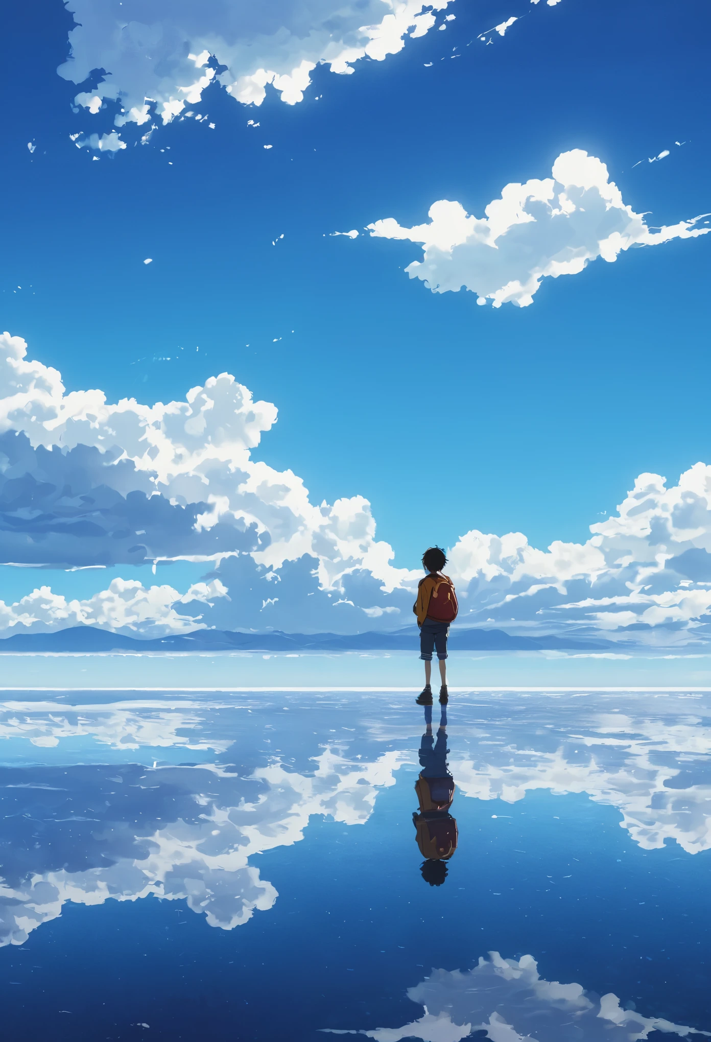 Draw a simple art in Tintinpixai style, a young boy in a large body of water with clouds in the sky, In the Salar de Uyuni, Incredible reflections of the sky, Incredible reflections, beautiful reflection, impressive photo, Epic and impressive, Crossing the Blue Horizon, anime beautiful peace scene,  anime-realist anime-realist!!!!!!!!!  nostalgic animated animated art background, Makoto Shinkai!!, anime movie background best of seaart hd 8k