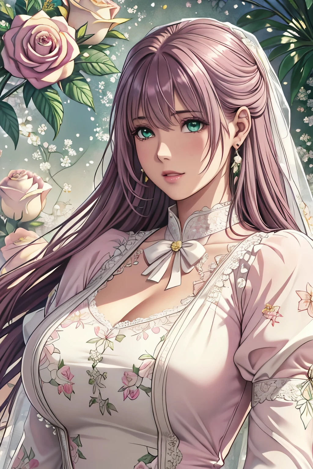 (​masterpiece, top-quality, top-quality, Official art, Beautifully Aesthetic:1.2), green eyes, (highest quality, masterpiece painting:1.3), immature woman, , (half body shot), masterpiece, ultra high resolution, (((bridal veil, lace-trimmed dress, see-through, wedding dress, outdoors, white roses, (long sleeves:1.2), pink bow,))), Decorative panel, abstract art, (shot from a side angle), (Photoreal:1.0), ((light pink hair)),straight hair, beautiful shining hair, white and shining skin, Painterly, sketch, Texture, 超A high resolution, solo, Beautuful Women, A highly detailed, (Fractal Art:1.1), (colourfull:1.1), (florals:1.6), The most detailed, (Zentangle:1.2), (Dynamic Poses), (Abstract background:1.3), (shinny skin), (Many colors:0.8), (earrings:1.4), (pluma:0.9), Taisho romance,