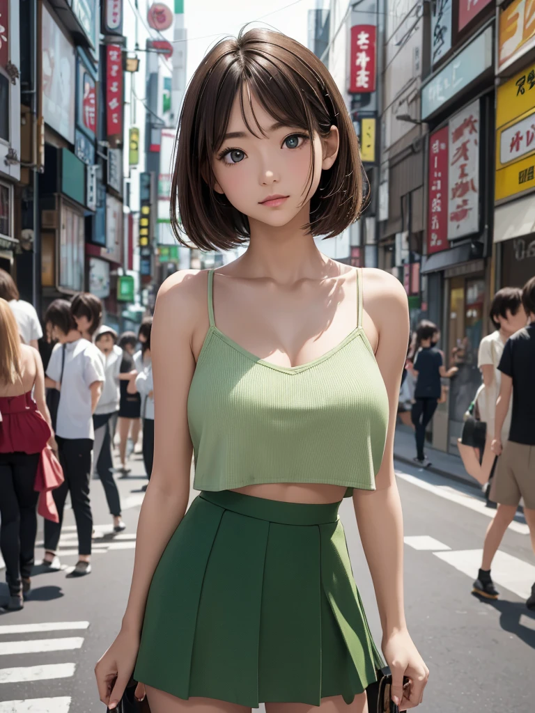 8k, Best Quality, The real picture, Intricate details, Very detailed, Ultra-high resolution, Depth Field, (Realistic,Realistic:1.2), Tabletop, Full Body Shot, ((1 girl)), eye_Chan, so beautiful, innocent big eyes, Beautiful breasts:1.5, 非常に詳細なeye, Highly detailed cute girl, 20 years old, ((camisole)), ((Light green micro mini flared skirt)), blush, Parted lips, Watching the audience , Half Body Shot, (On the streets of Tokyo), (Brown Hair), (Medium Bob Hair)