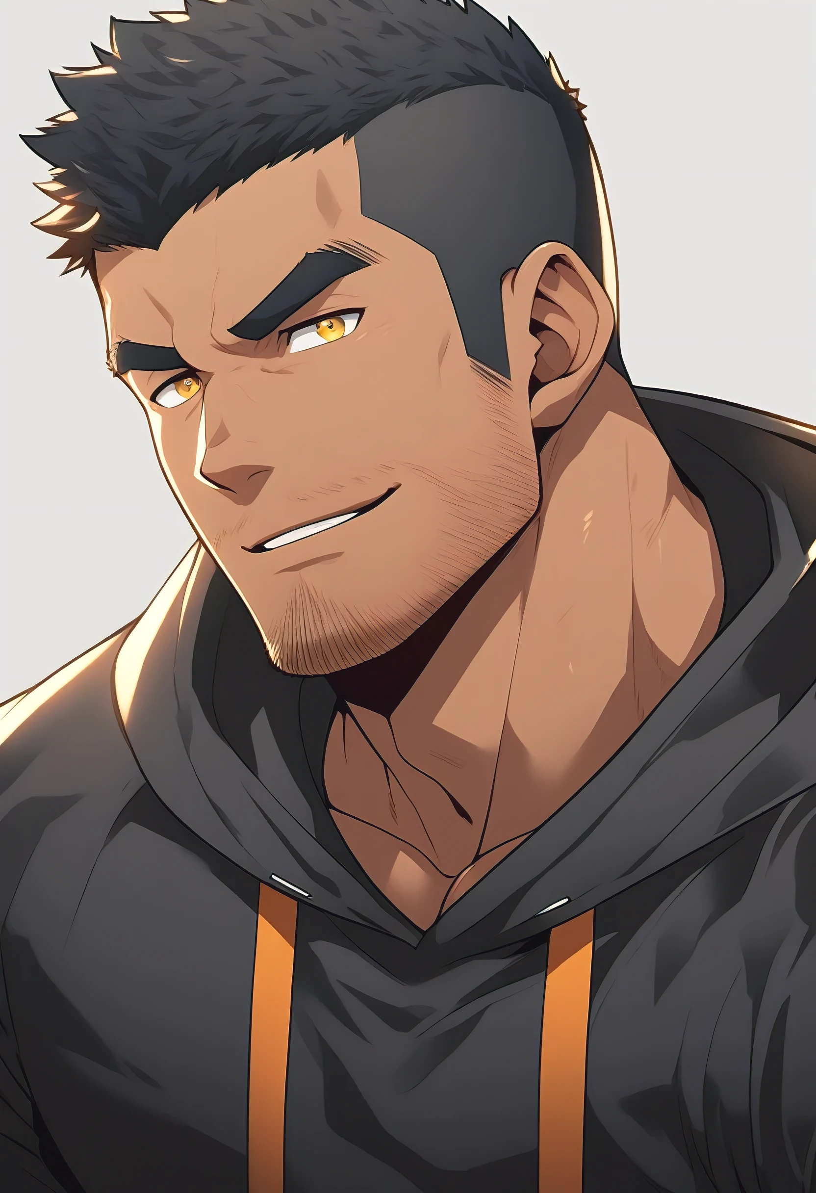 anime characters：Gyee, Young Muscle Sports Sexy Teacher, negro black skin, Manliness, male focus, Dark red long-sleeved hooded sweatshirt, Very tight, muscular male, muscular, only, Upper body, alone, Black short hair, Thick eyebrows, stubble, Yellow eyes, Grey background, simple background, amazing quality, best aesthetics, Ridiculous, bright pupils, crew cut, parted lips, seductive smile, torogao, naughty face, best quality