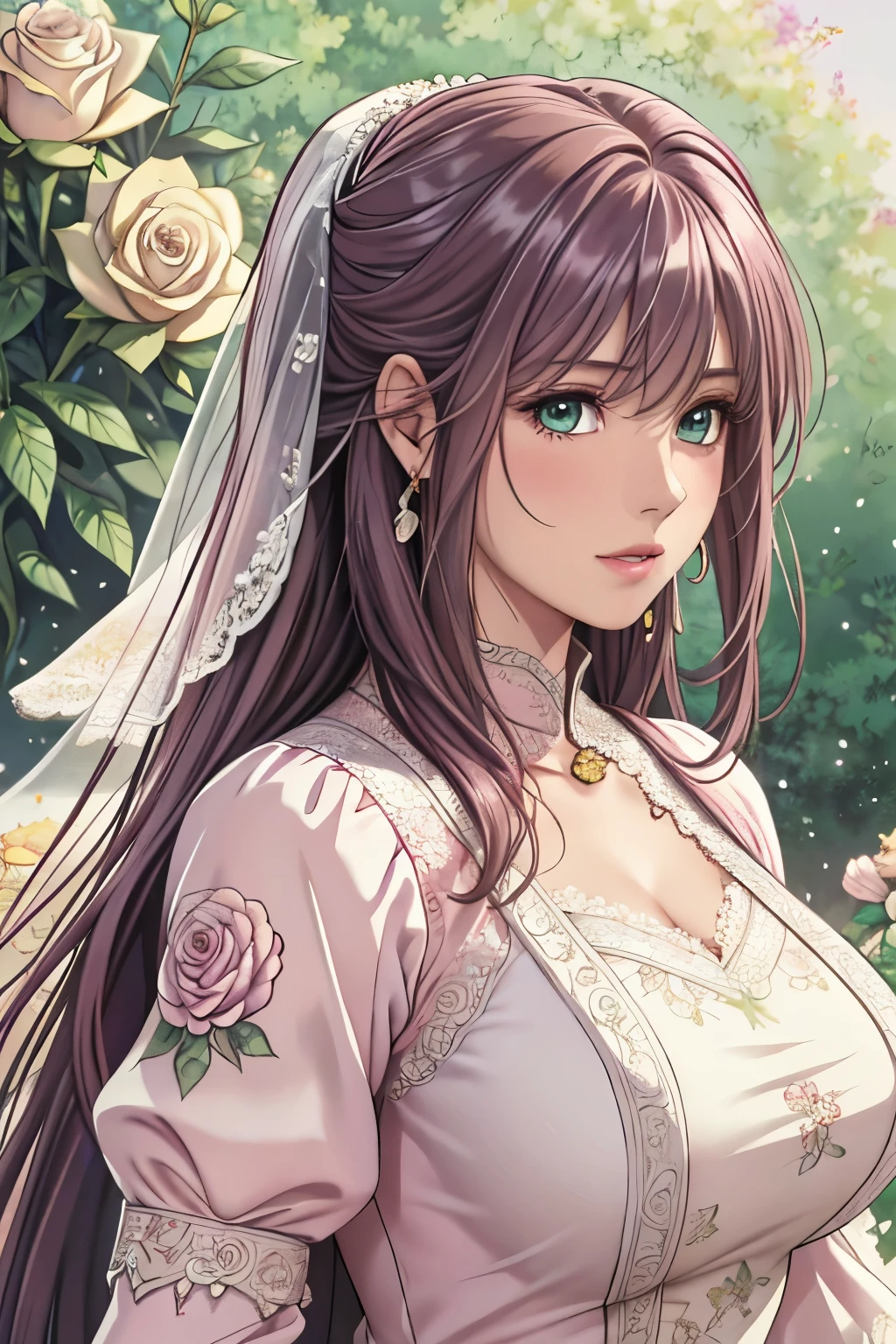 (​masterpiece, top-quality, top-quality, Official art, Beautifully Aesthetic:1.2), green eyes, (highest quality, masterpiece painting:1.3), immature woman, , (half body shot), masterpiece, ultra high resolution, (((bridal veil, lace-trimmed dress, see-through, wedding dress, outdoors, white roses, (long sleeves:1.2), pink bow,))), Decorative panel, abstract art, (shot from a side angle), (Photoreal:1.0), ((light pink hair)),straight hair, beautiful shining hair, white and shining skin, Painterly, sketch, Texture, 超A high resolution, solo, Beautuful Women, A highly detailed, (Fractal Art:1.1), (colourfull:1.1), (florals:1.6), The most detailed, (Zentangle:1.2), (Dynamic Poses), (Abstract background:1.3), (shinny skin), (Many colors:0.8), (earrings:1.4), (pluma:0.9), Taisho romance,