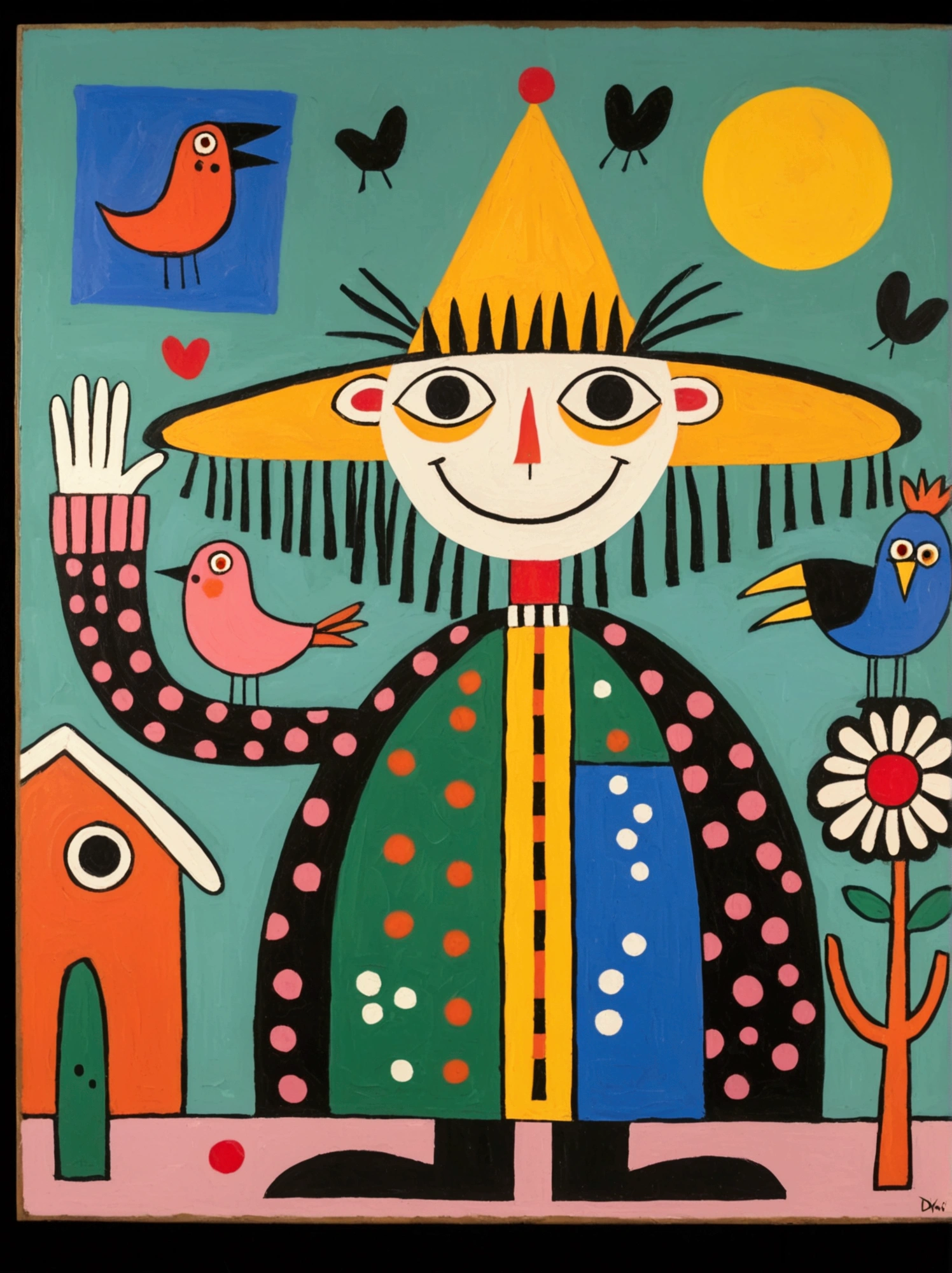 in the style of Thierry Noir（artist）， a painting with a funny looking cat with a hat holding a red bird , in the style of de stijl, playful cartoons, monumental figures, vivid birdlife, maquette, fine lines, childlike innocence
