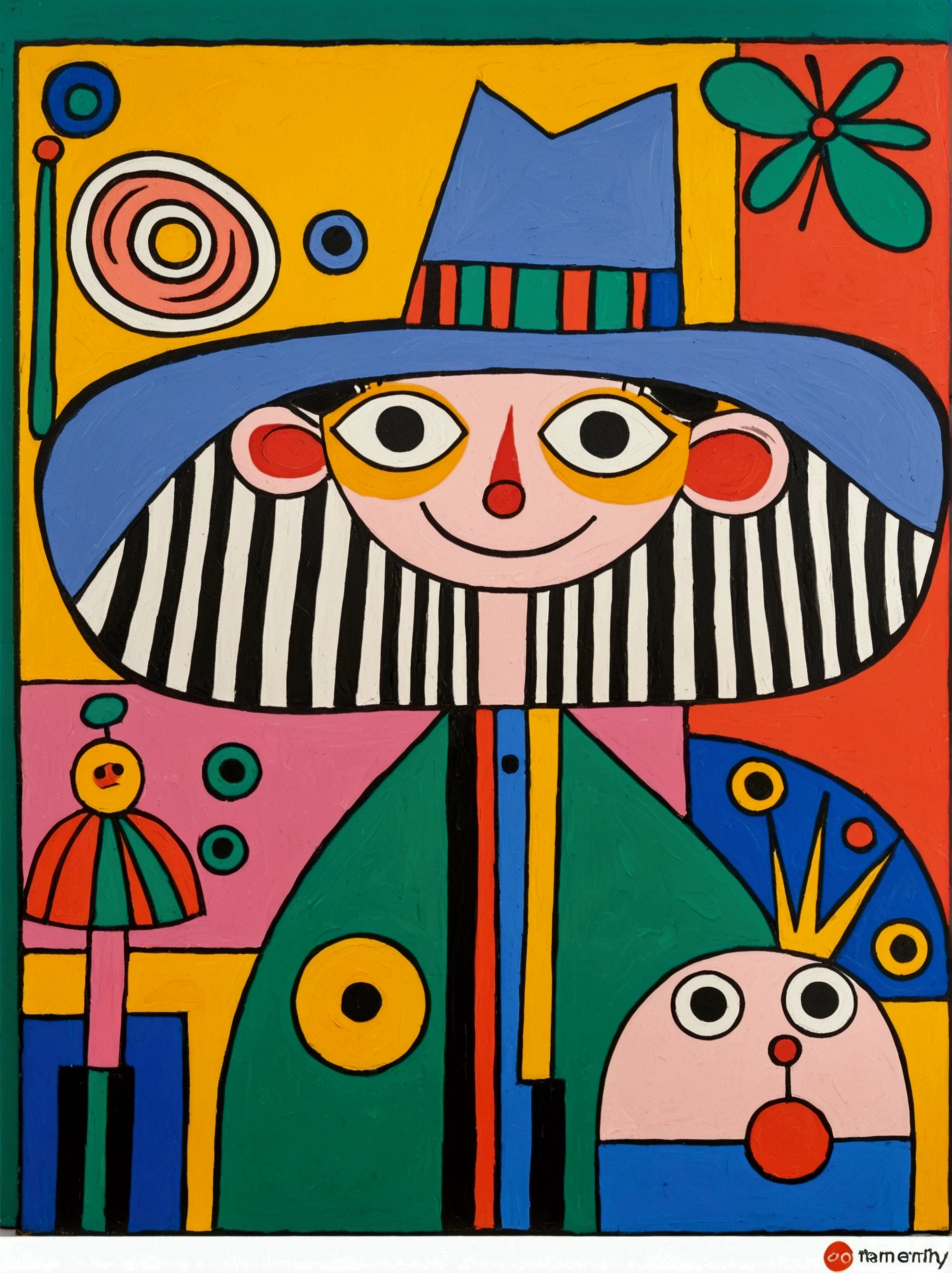 in the style of Thierry Noir（artist）， a painting with a funny looking cat with a hat holding a red bird , in the style of de stijl, playful cartoons, monumental figures, vivid birdlife, maquette, fine lines, childlike innocence
