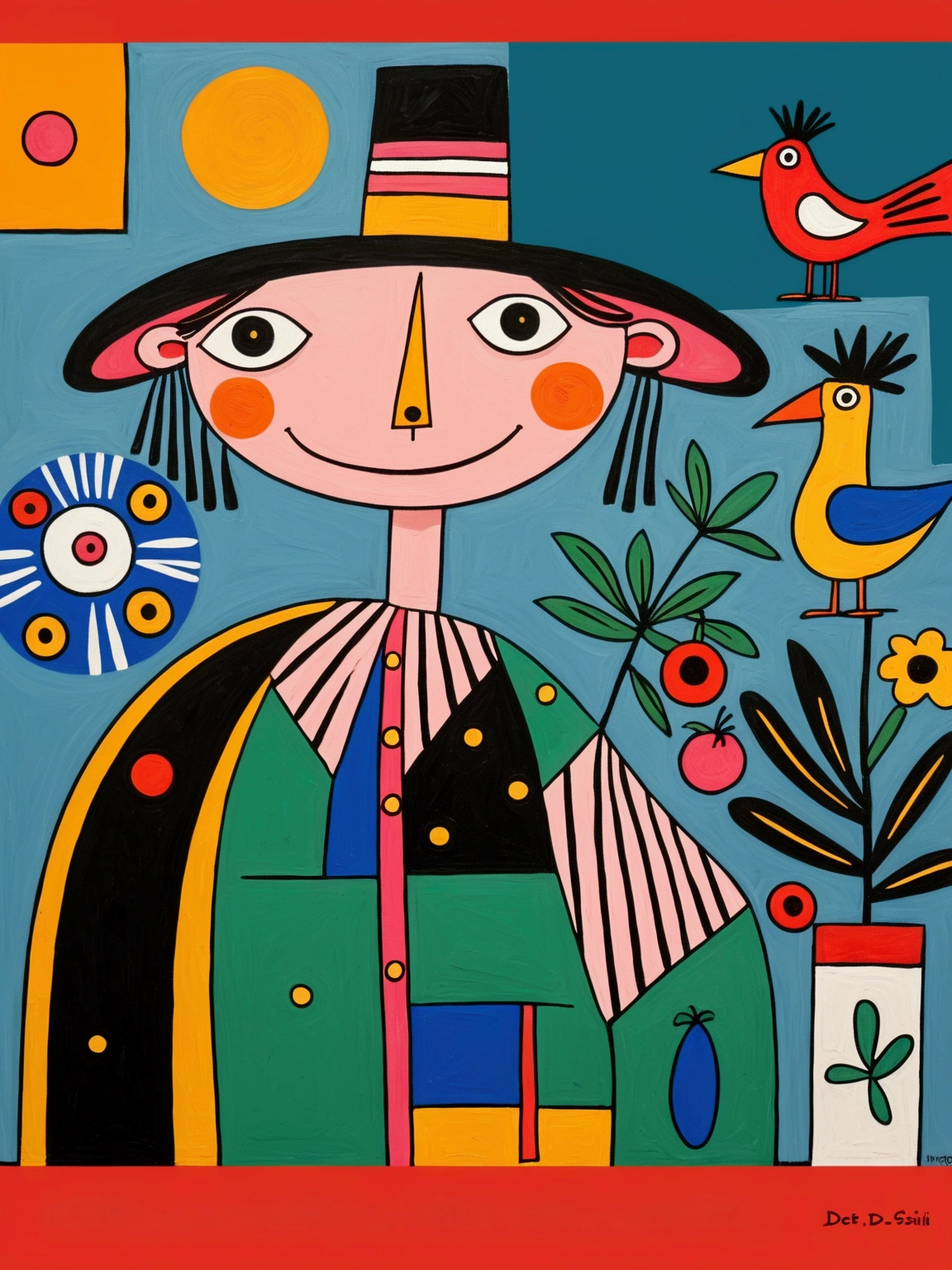 in the style of Thierry Noir（artist）， a painting with a funny looking cat with a hat holding a red bird , in the style of de stijl, playful cartoons, monumental figures, vivid birdlife, maquette, fine lines, childlike innocence
