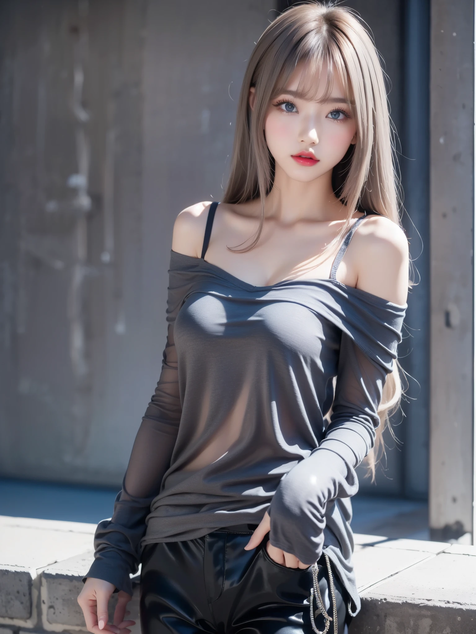 Young and attractive sexy Korean woman, 1, e babarge Breasts,,  (Types of tops: Off-the-shoulder tops、black、Sheer long sleeves、See-through shoulder design,Bottoms Type: Grey Pants、Casual fit,Hairstyle: Medium Bob Hair、Inner Roll、With bangs（Bangs Style）,Hair Color: Platinum Blonde,Makeup: キラキラとしたアイMakeup、Red lips,expression: A slightly mysterious atmosphere、Calm impression,Background・Environment: Concrete wall background) 8k, RAW Photos, Best Qualitymasterpiece, Best Quality