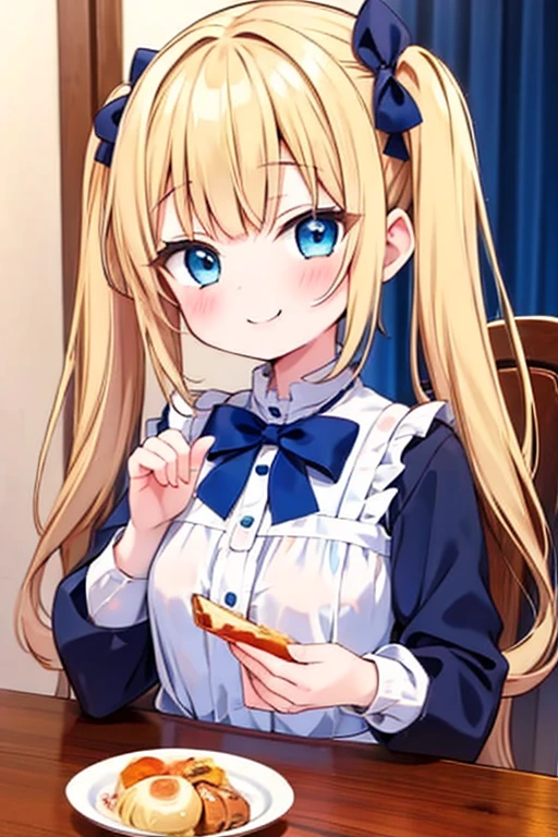 Blonde with blue eyes、****ta、Small breasts、Twin tails、Girl Brat,Eating a large Marron sweets,smile,