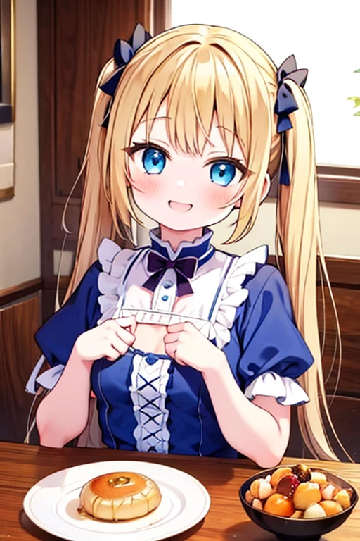 Blonde with blue eyes、****ta、Small breasts、Twin tails、Girl Brat,Eating a large Marron sweets,smile,